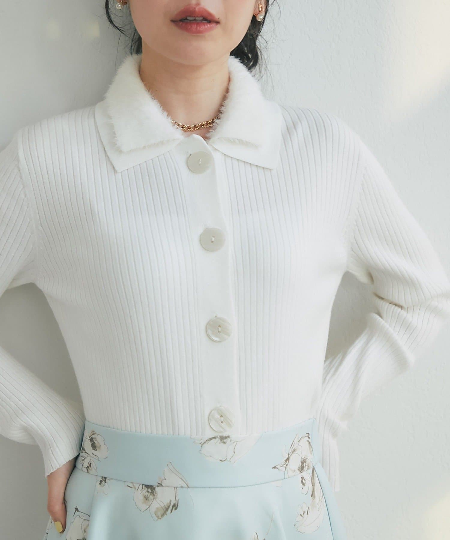 La boutique BonBon(ラブティックボンボン) 【程よいふわふわ】シャギー衿リブニットカーディガン