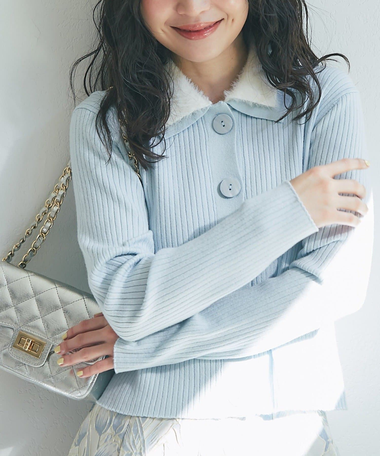 La boutique BonBon(ラブティックボンボン) 【程よいふわふわ】シャギー衿リブニットカーディガン