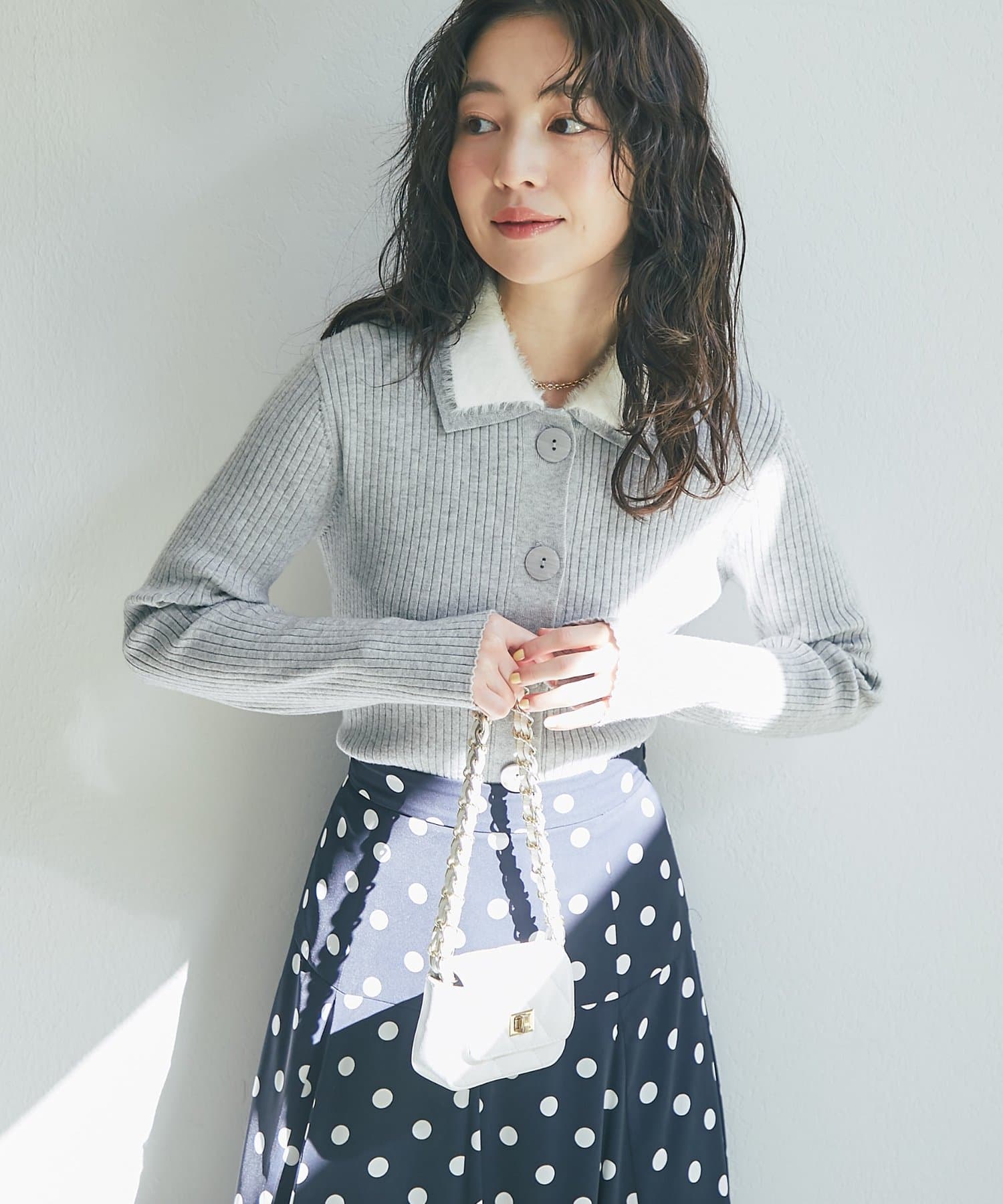 La boutique BonBon(ラブティックボンボン) 【程よいふわふわ】シャギー衿リブニットカーディガン