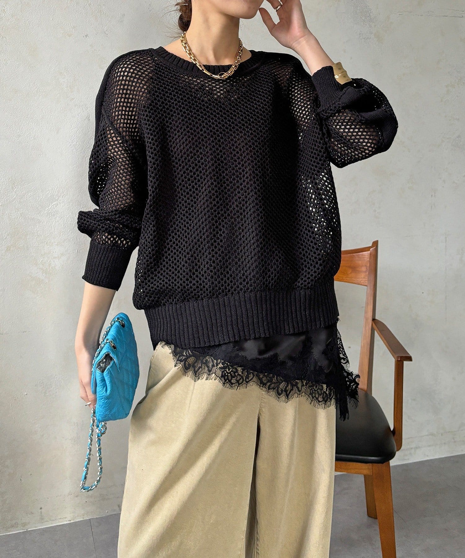 DOUDOU(ドゥドゥ) 【WEB限定】メッシュ編みワイドプルオーバー