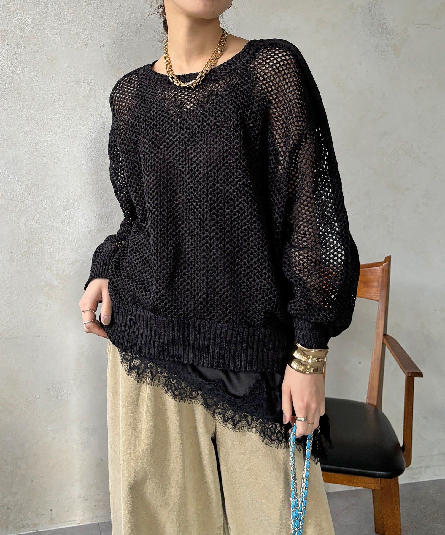 DOUDOU(ドゥドゥ) 【WEB限定】メッシュ編みワイドプルオーバー