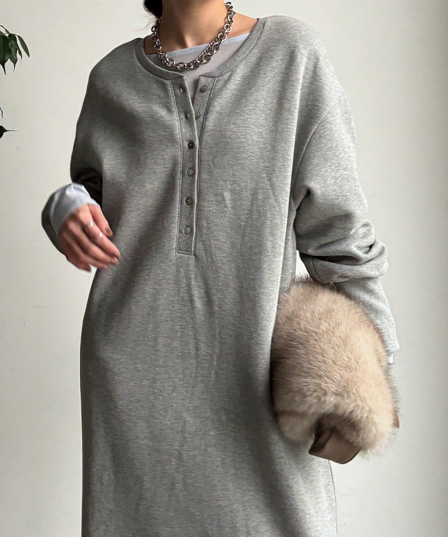 DOUDOU(ドゥドゥ) 裏毛裏起毛ヘンリーネックワンピース