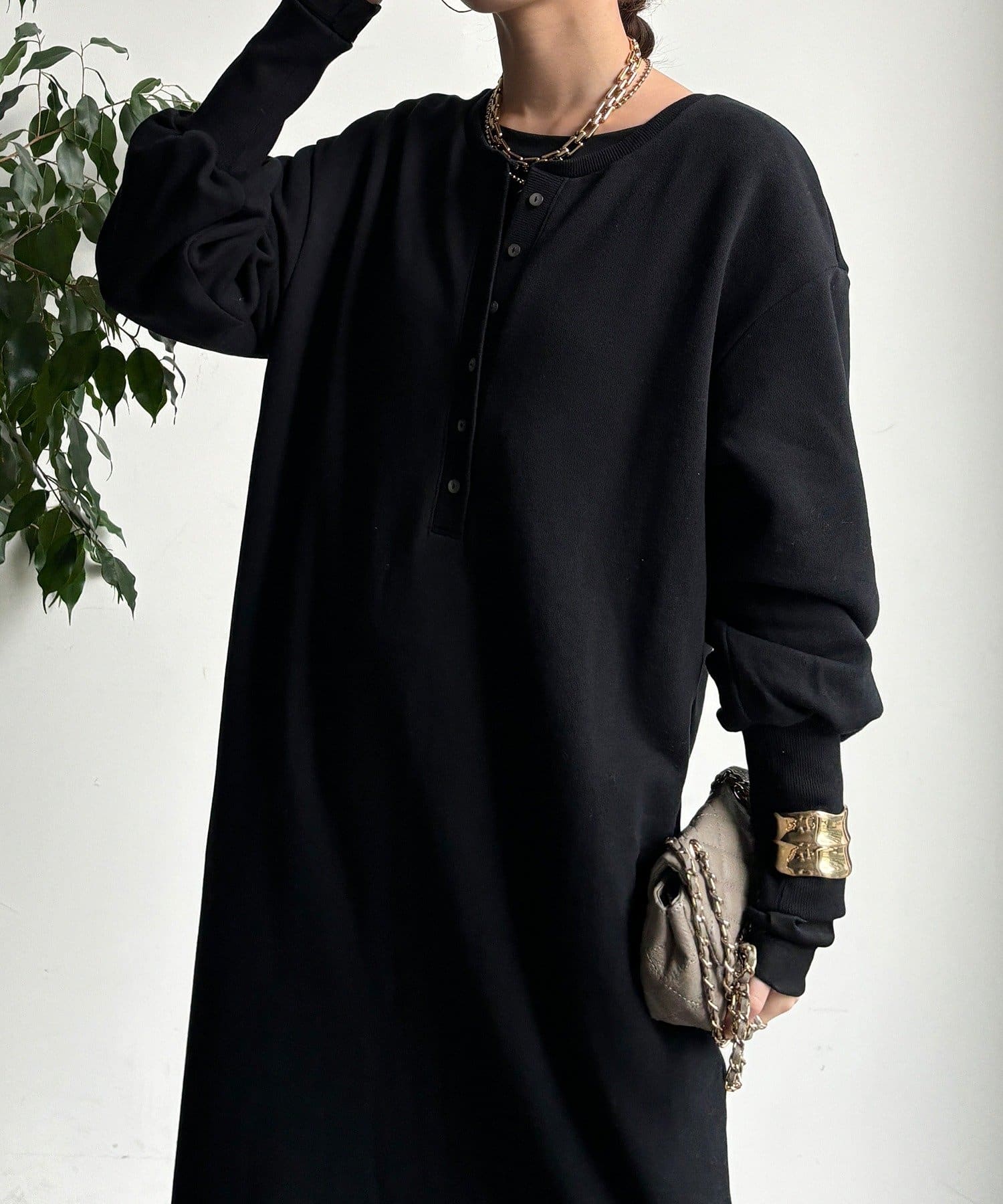 DOUDOU(ドゥドゥ) 裏毛裏起毛ヘンリーネックワンピース