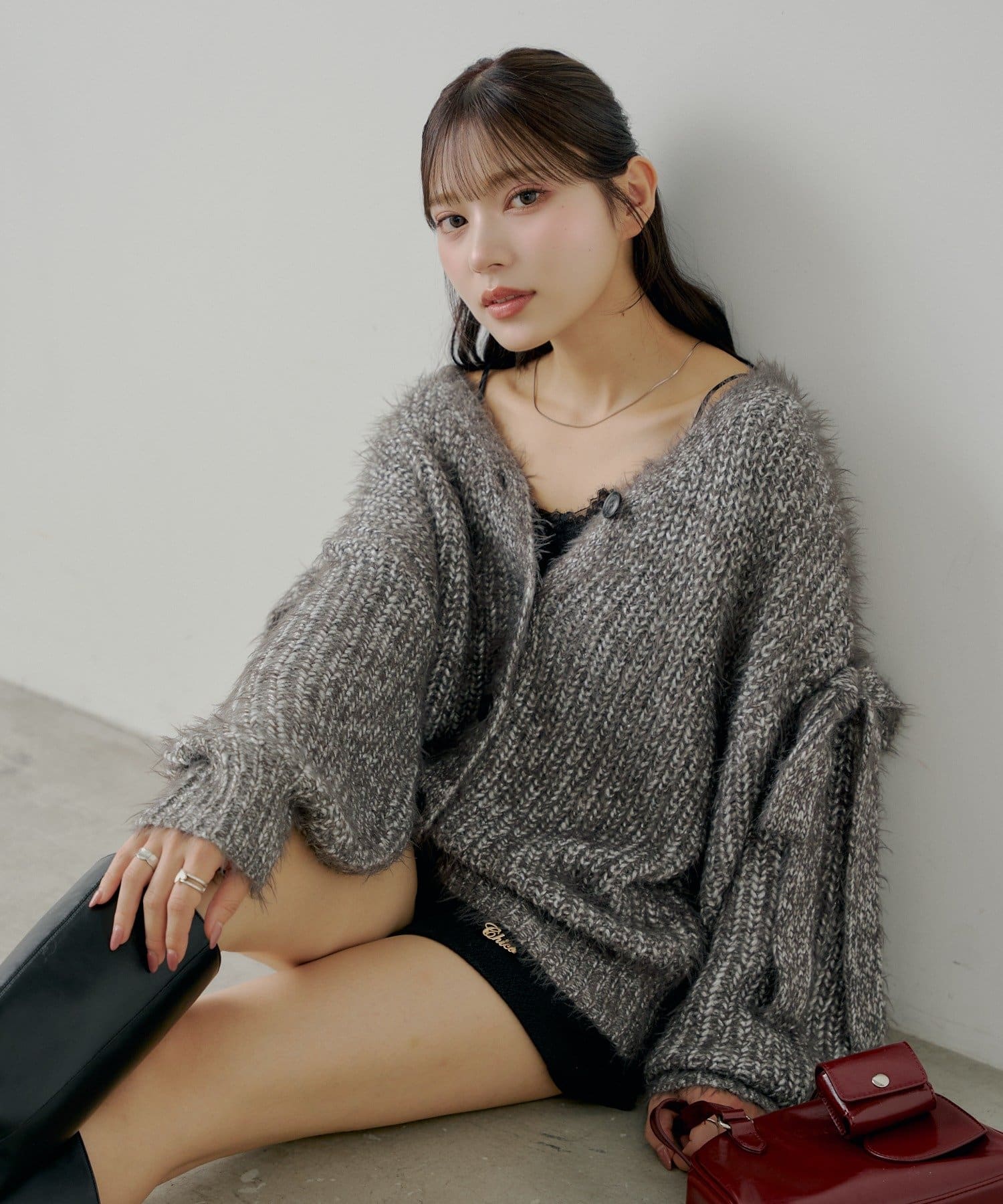 OUTLET(アウトレット) 【Chico】袖リボンルーズリブカーディガン