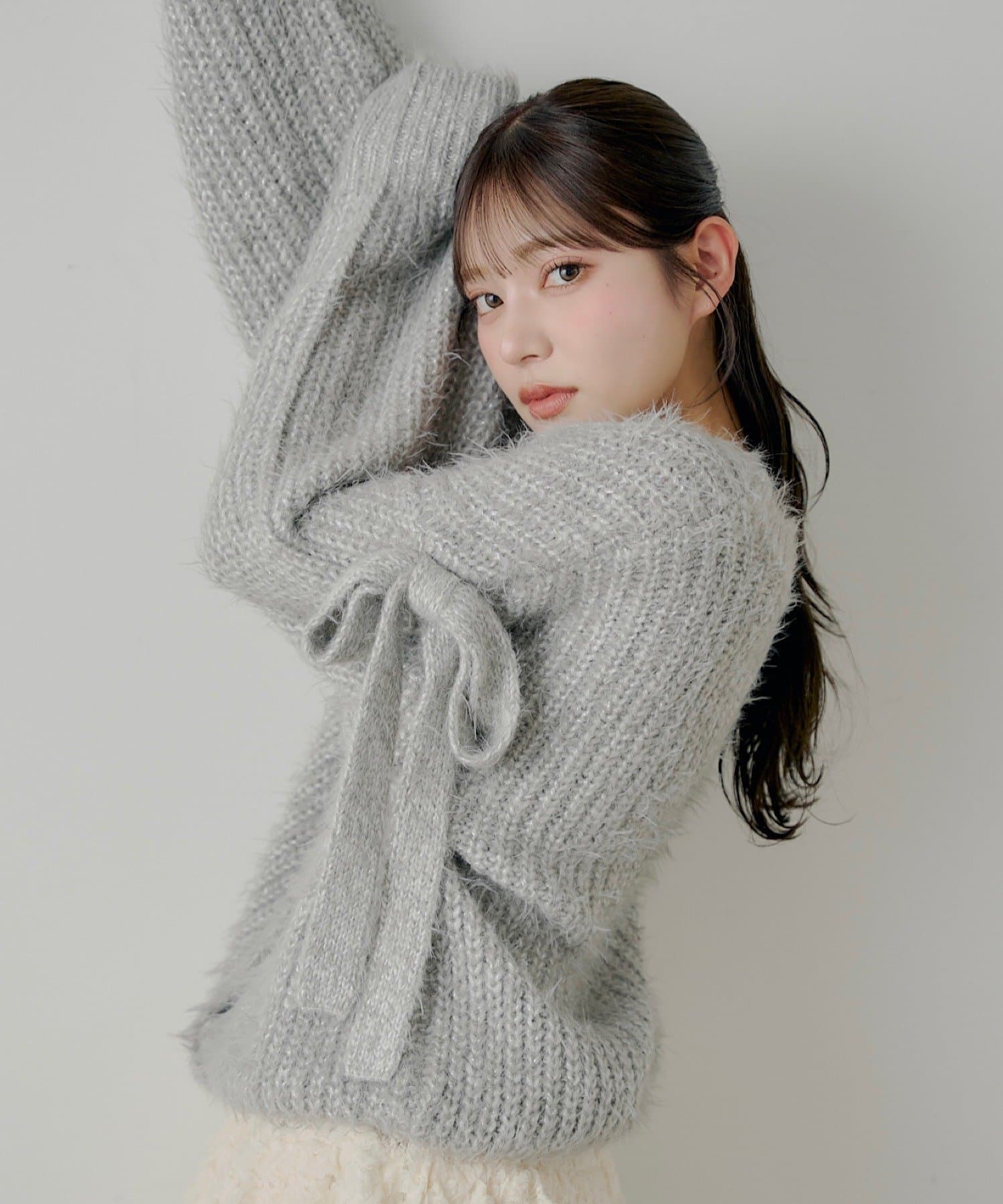 OUTLET(アウトレット) 【Chico】袖リボンルーズリブカーディガン