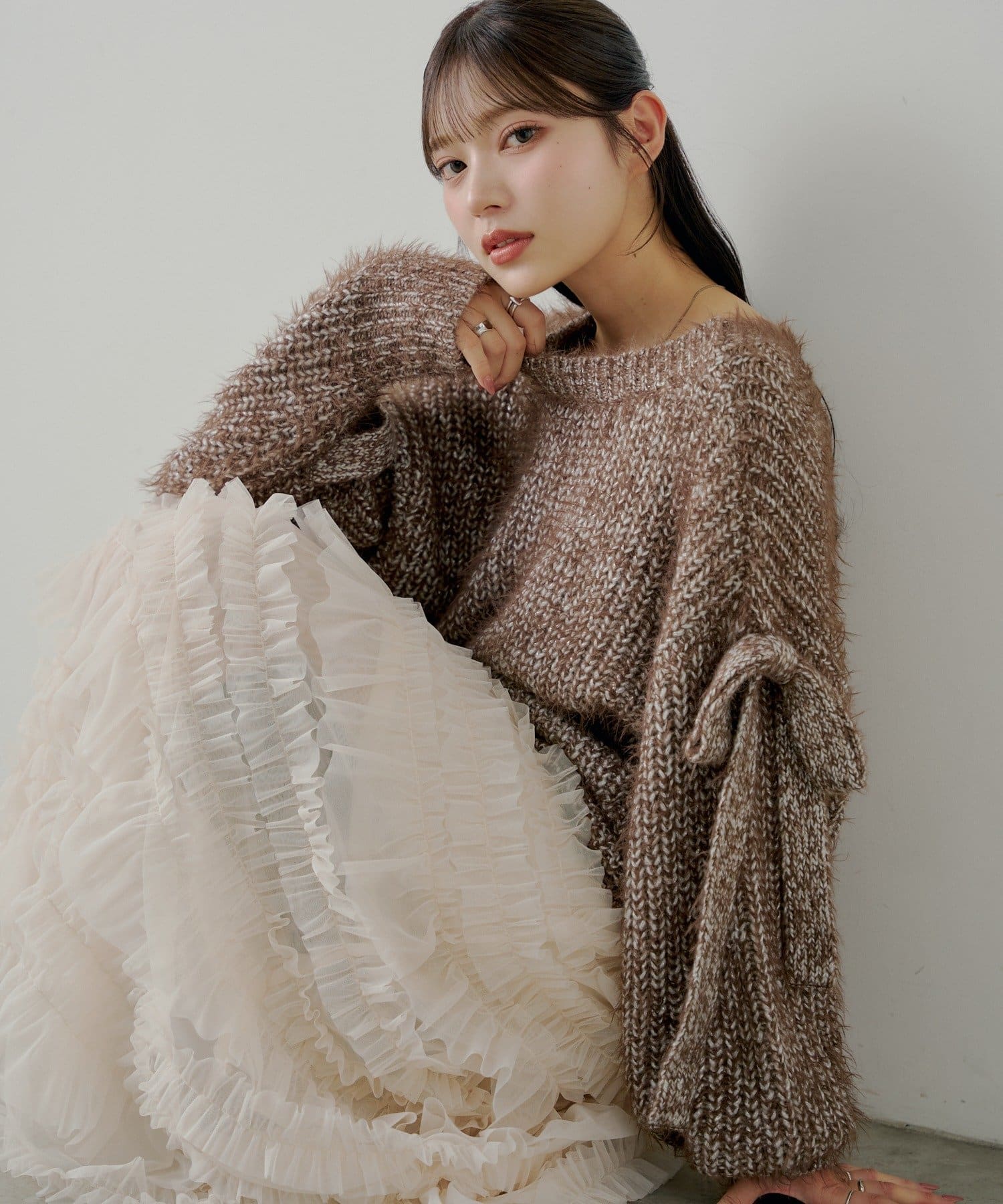 OUTLET(アウトレット) 【Chico】袖リボンルーズリブカーディガン