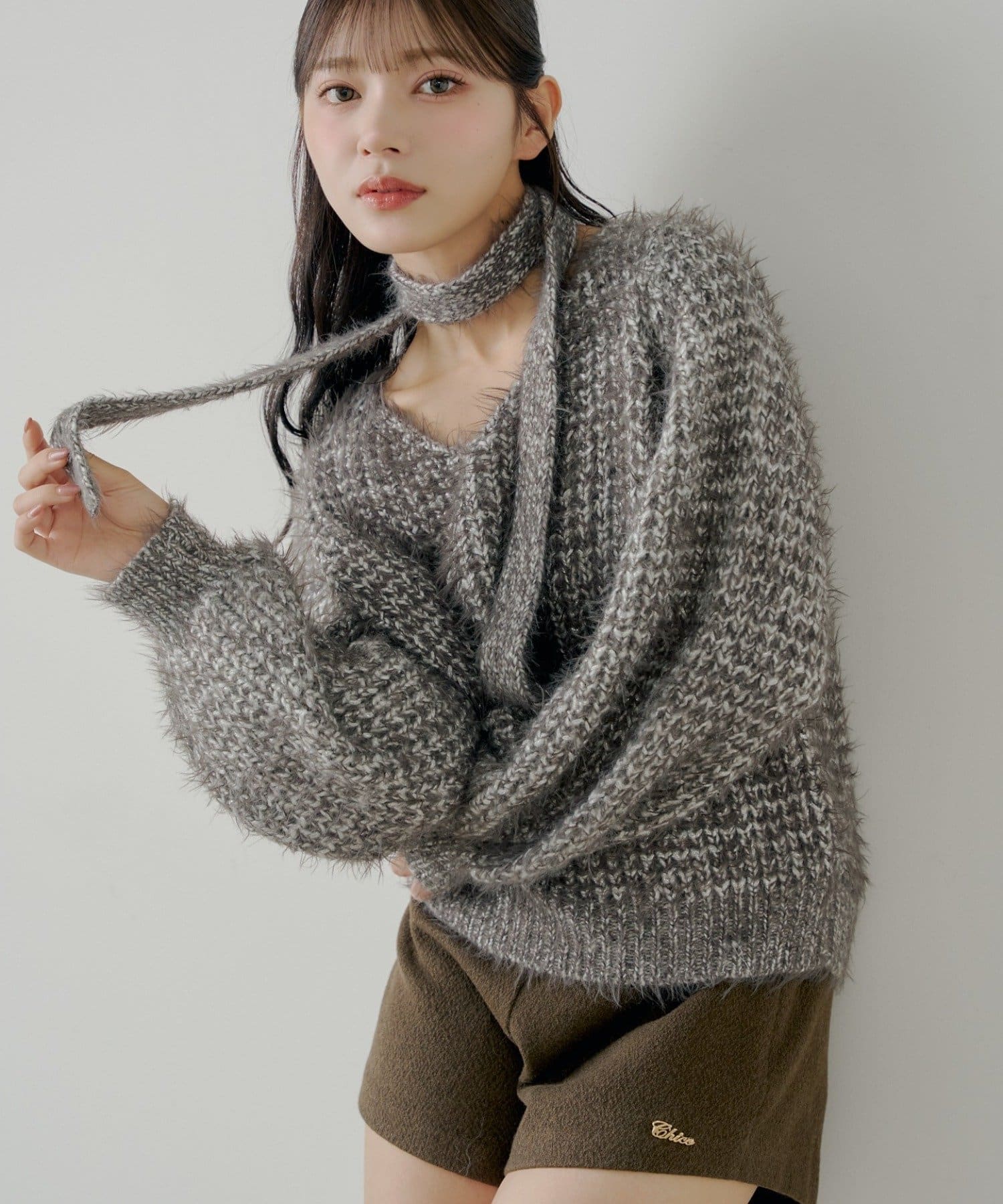 OUTLET(アウトレット) 【Chico】タイ付きメランジルーズニット