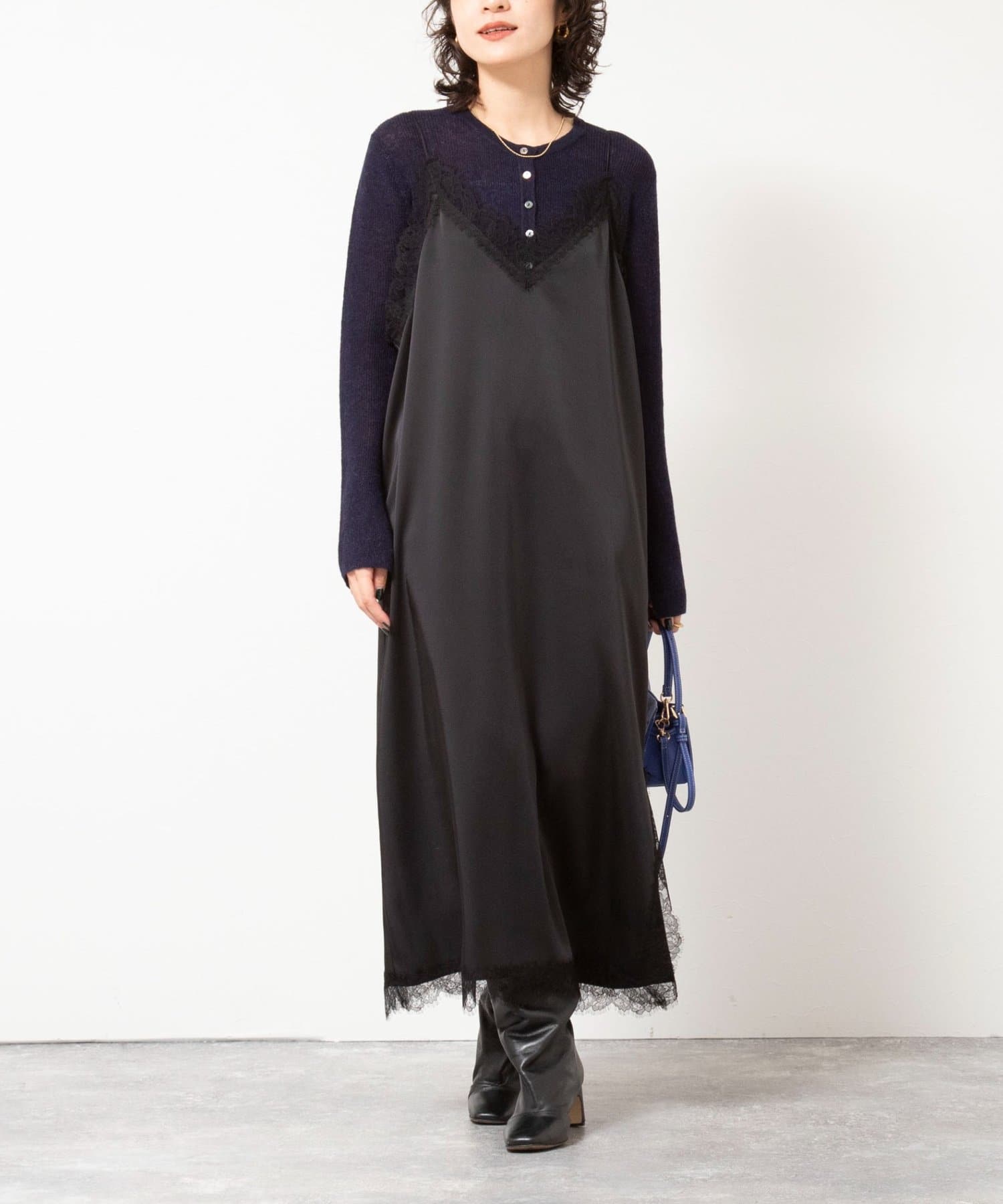 NOLLEY'S(ノーリーズ) ウォッシャブルトリミングレースサテンキャミワンピース