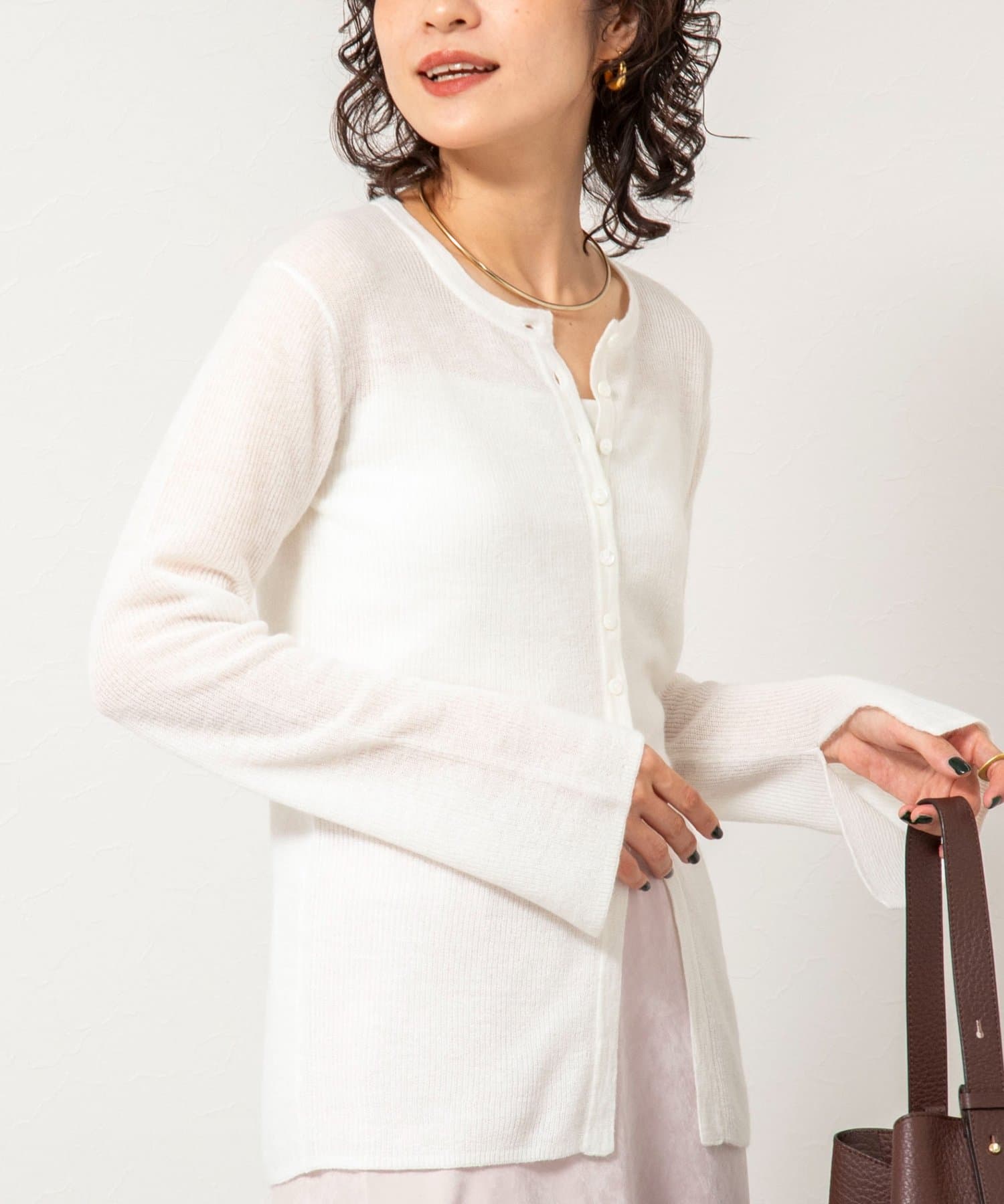 NOLLEY'S(ノーリーズ) 《手洗い可能》モヘヤ混片畦ミディ丈Cネックカーディガン