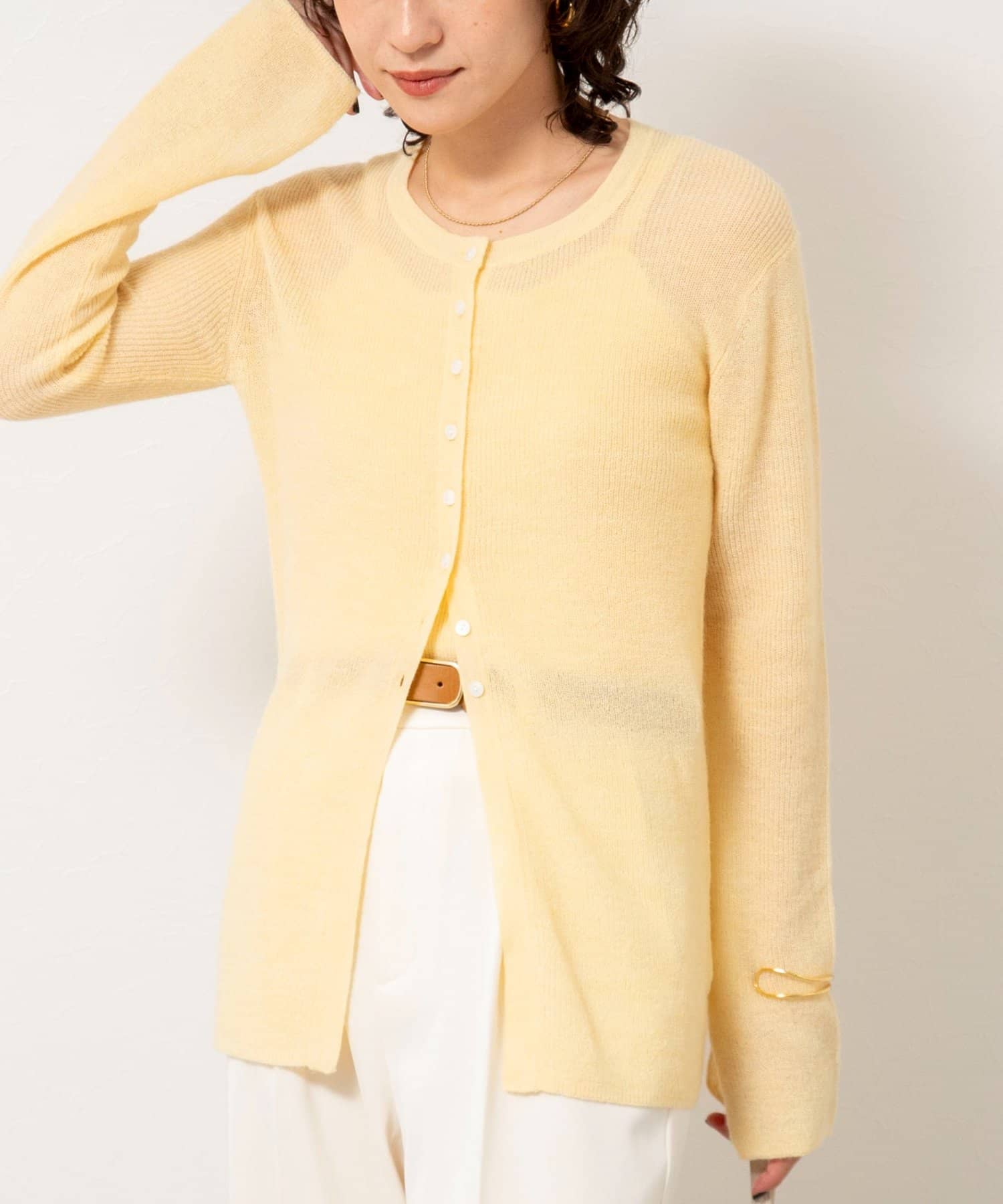 NOLLEY'S(ノーリーズ) 《手洗い可能》モヘヤ混片畦ミディ丈Cネックカーディガン