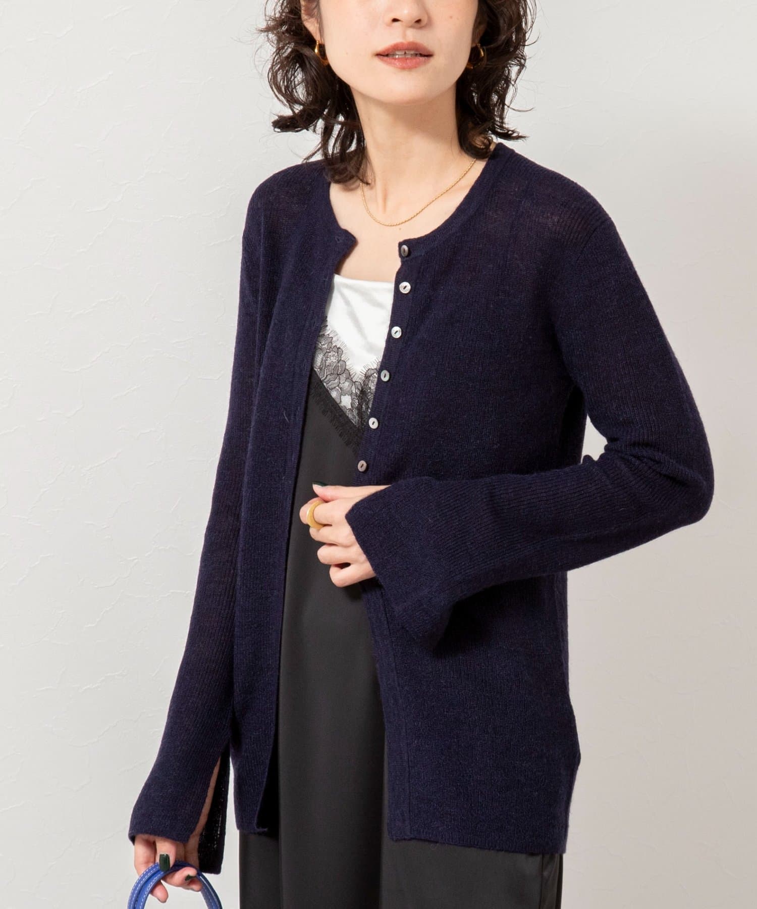 NOLLEY'S(ノーリーズ) 《手洗い可能》モヘヤ混片畦ミディ丈Cネックカーディガン