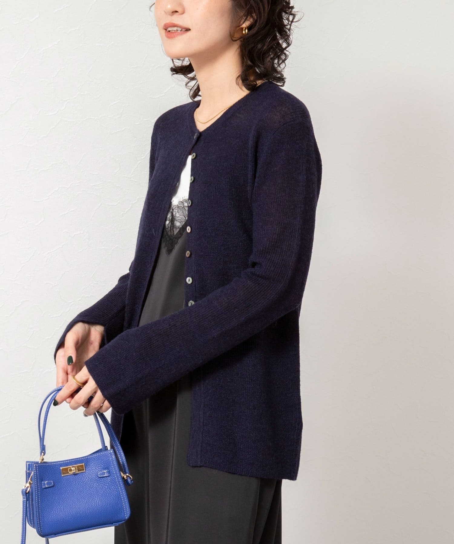 NOLLEY'S(ノーリーズ) 《手洗い可能》モヘヤ混片畦ミディ丈Cネックカーディガン