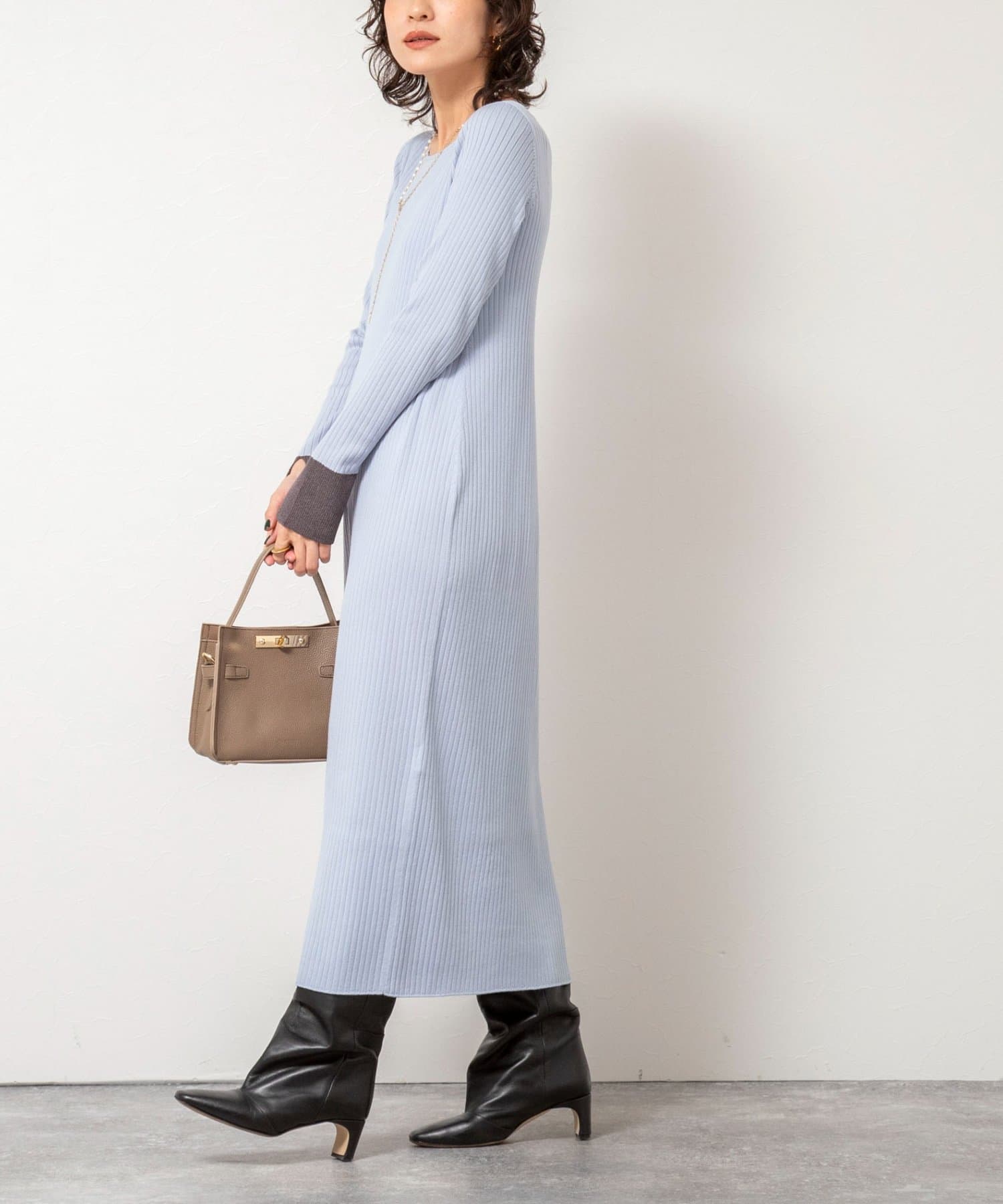 NOLLEY'S(ノーリーズ) 《手洗い可能》ウール混ワイドリブ袖口配色ロングワンピース