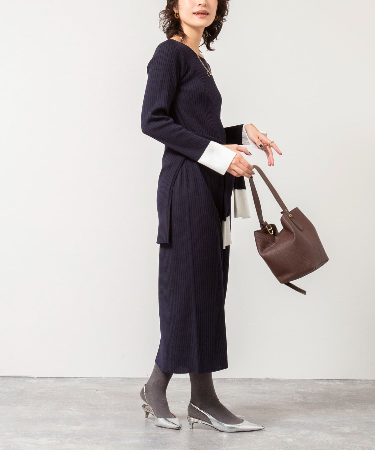 NOLLEY'S(ノーリーズ) 《手洗い可能》ウール混ワイドリブ袖口配色ロングワンピース