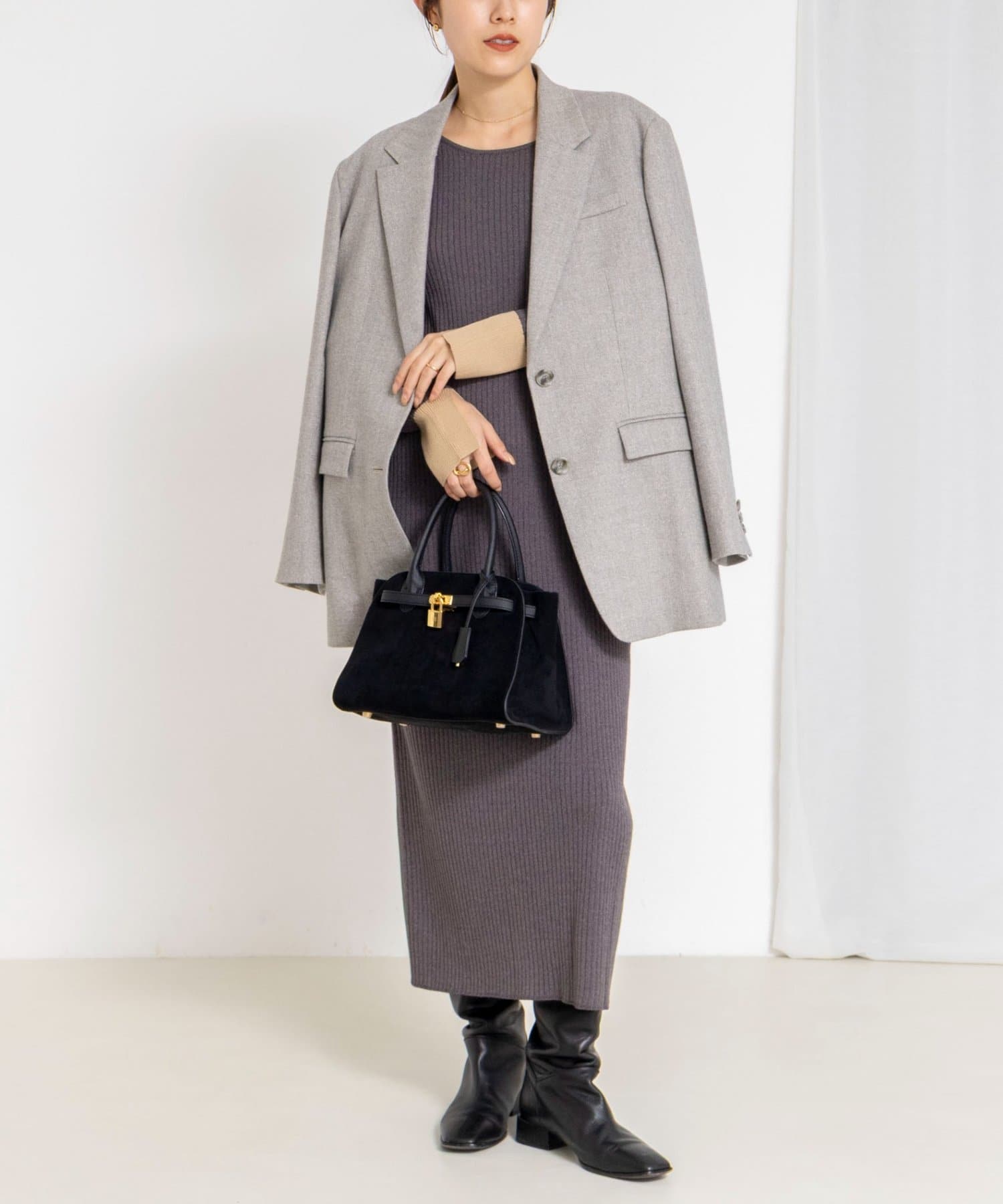 NOLLEY'S(ノーリーズ) 《手洗い可能》ウール混ワイドリブ袖口配色ロングワンピース