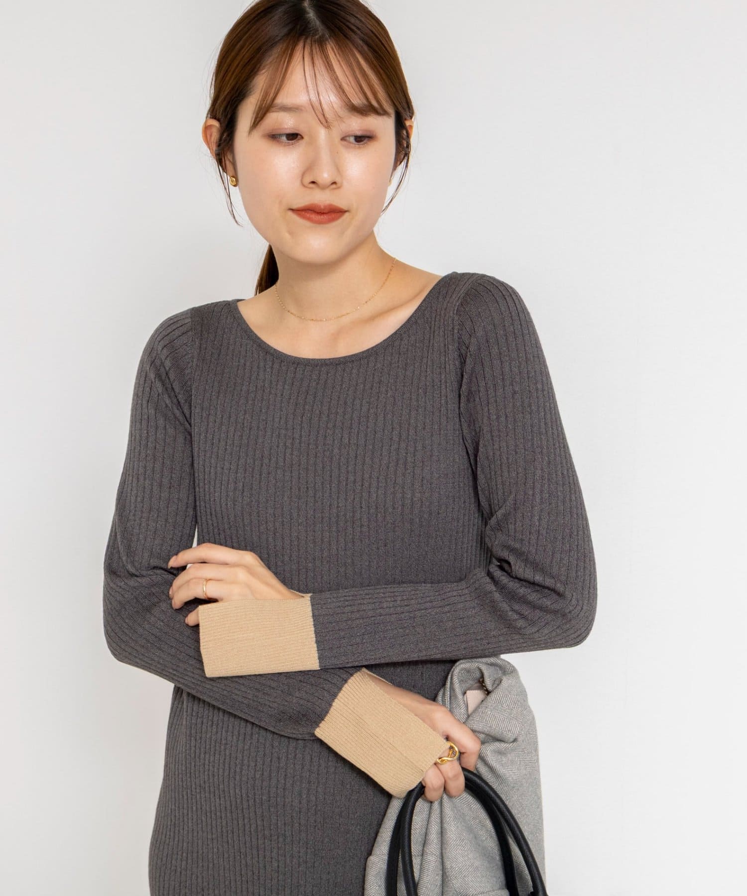 NOLLEY'S(ノーリーズ) 《手洗い可能》ウール混ワイドリブ袖口配色ロングワンピース