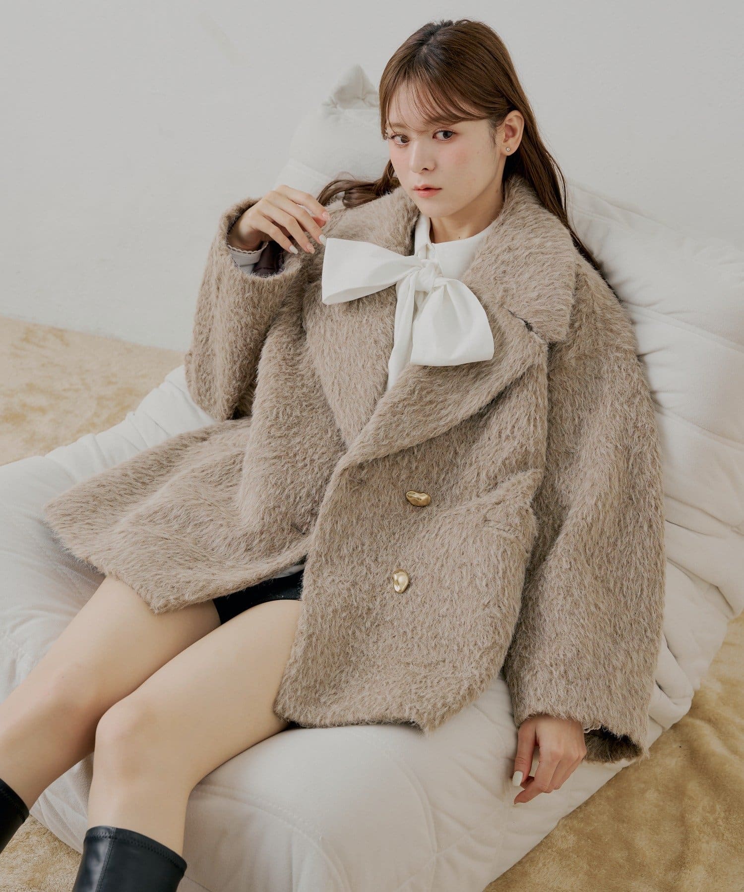 Chico(チコ) 金ボタンシャギーミディジャケットコート