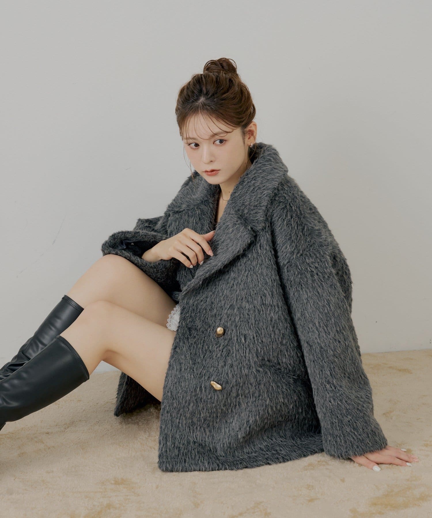 Chico(チコ) 金ボタンシャギーミディジャケットコート