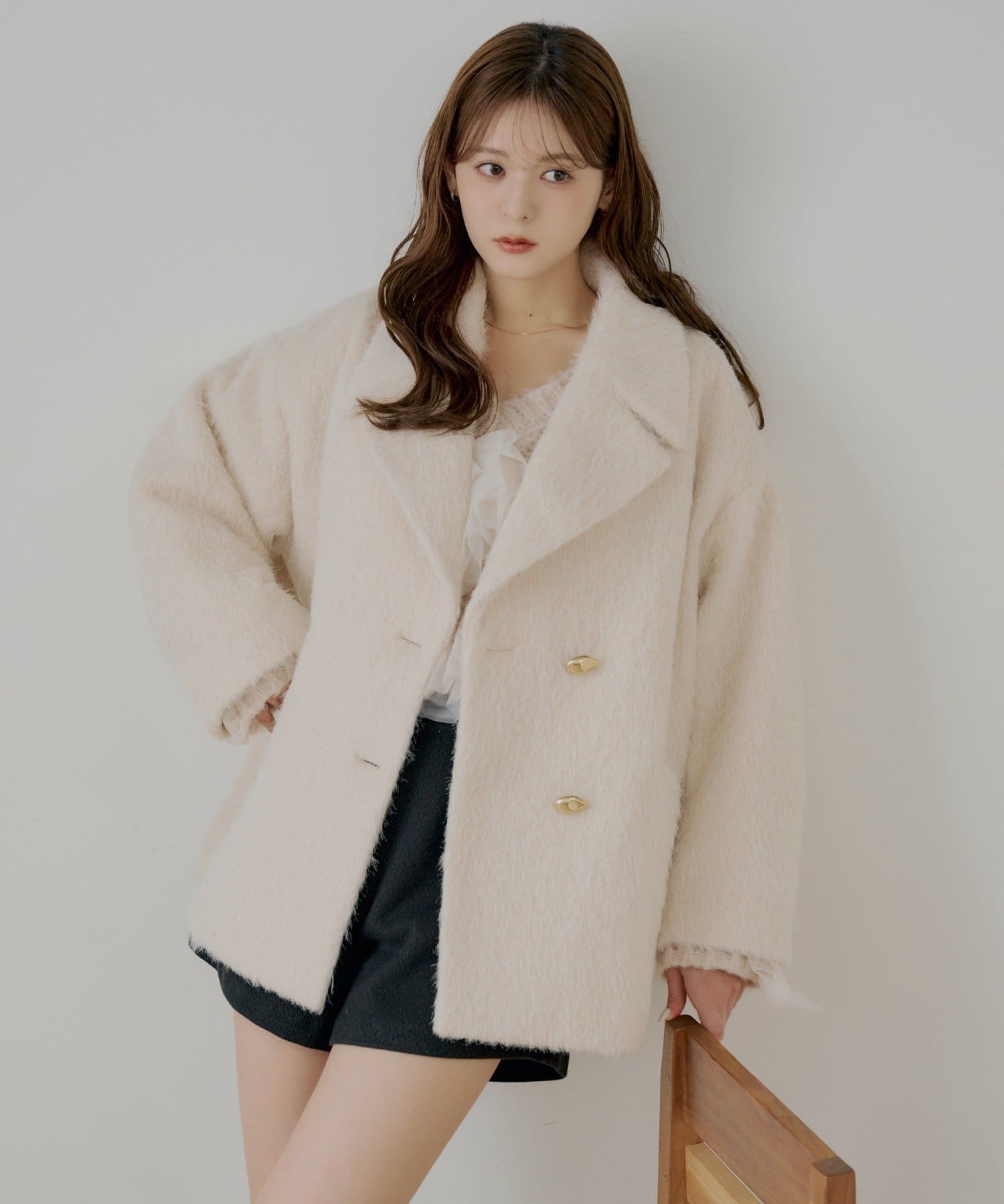 Chico(チコ) 金ボタンシャギーミディジャケットコート