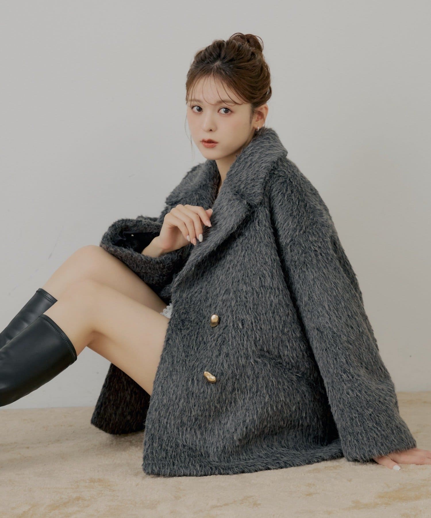 Chico(チコ) 金ボタンシャギーミディジャケットコート