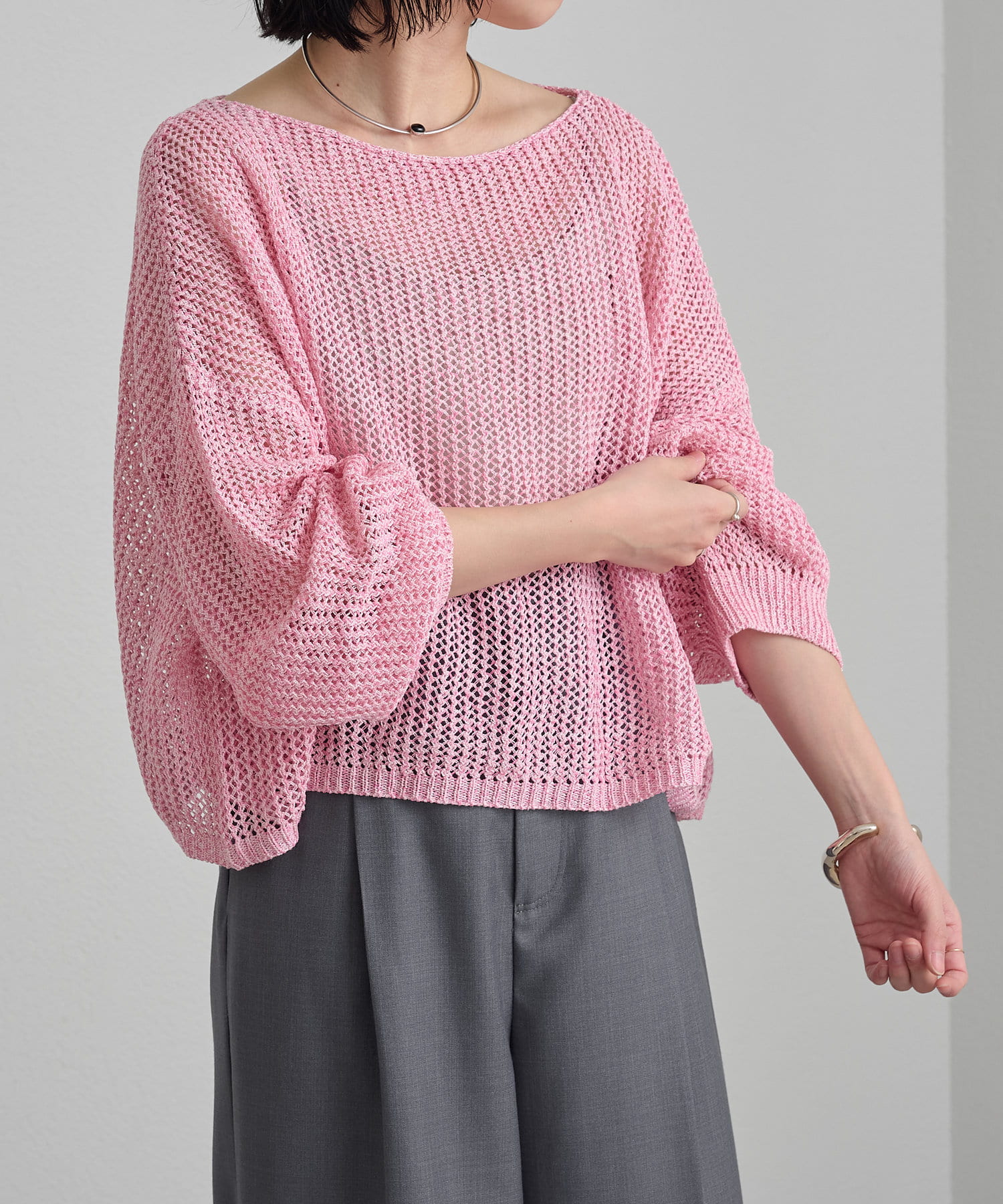 OUTLET(アウトレット) 【Omekashi】メッシュワイドニットプルオーバー