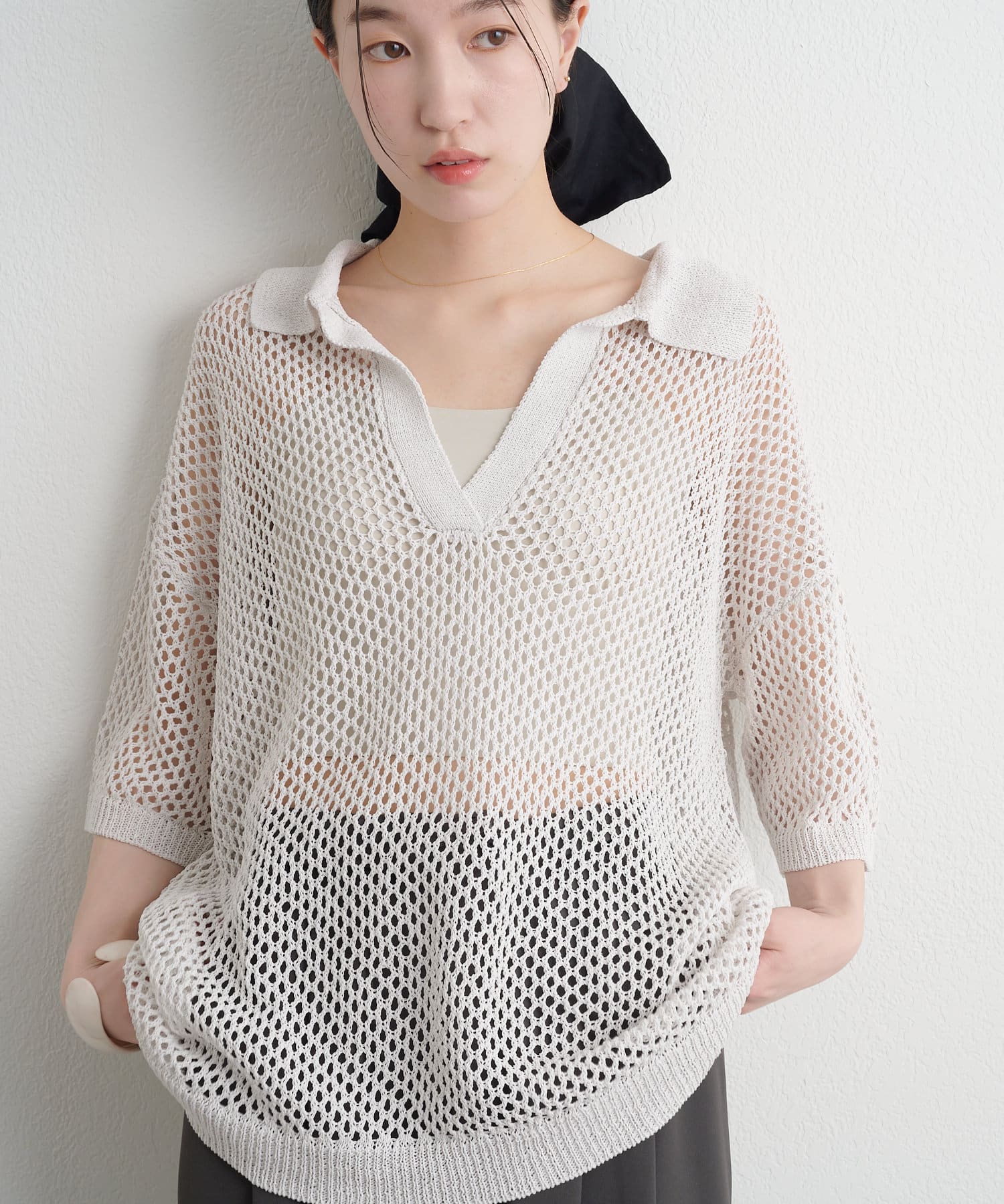 OUTLET(アウトレット) 【Omekashi】襟付きメッシュヘンリーニット