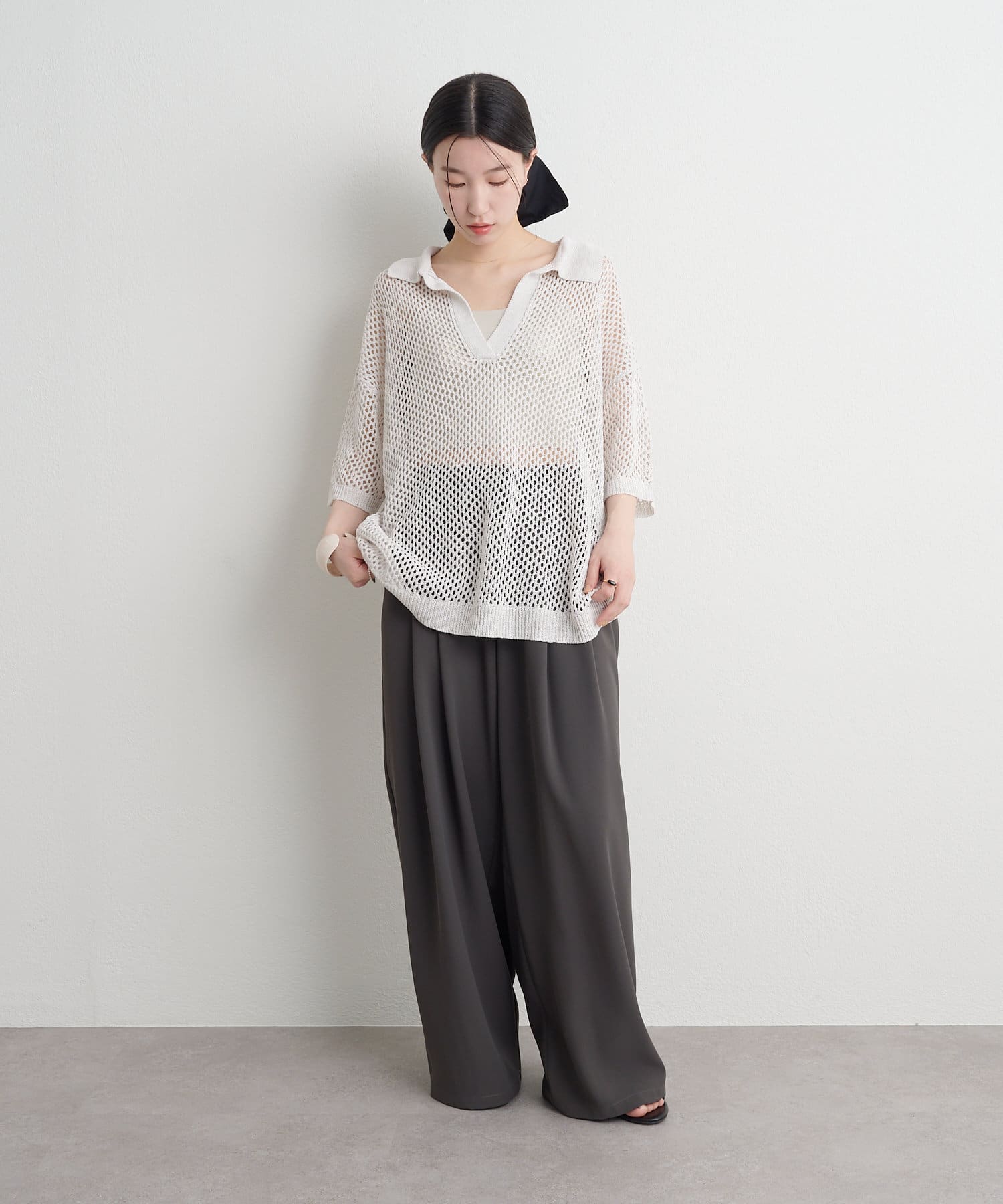 OUTLET(アウトレット) 【Omekashi】襟付きメッシュヘンリーニット