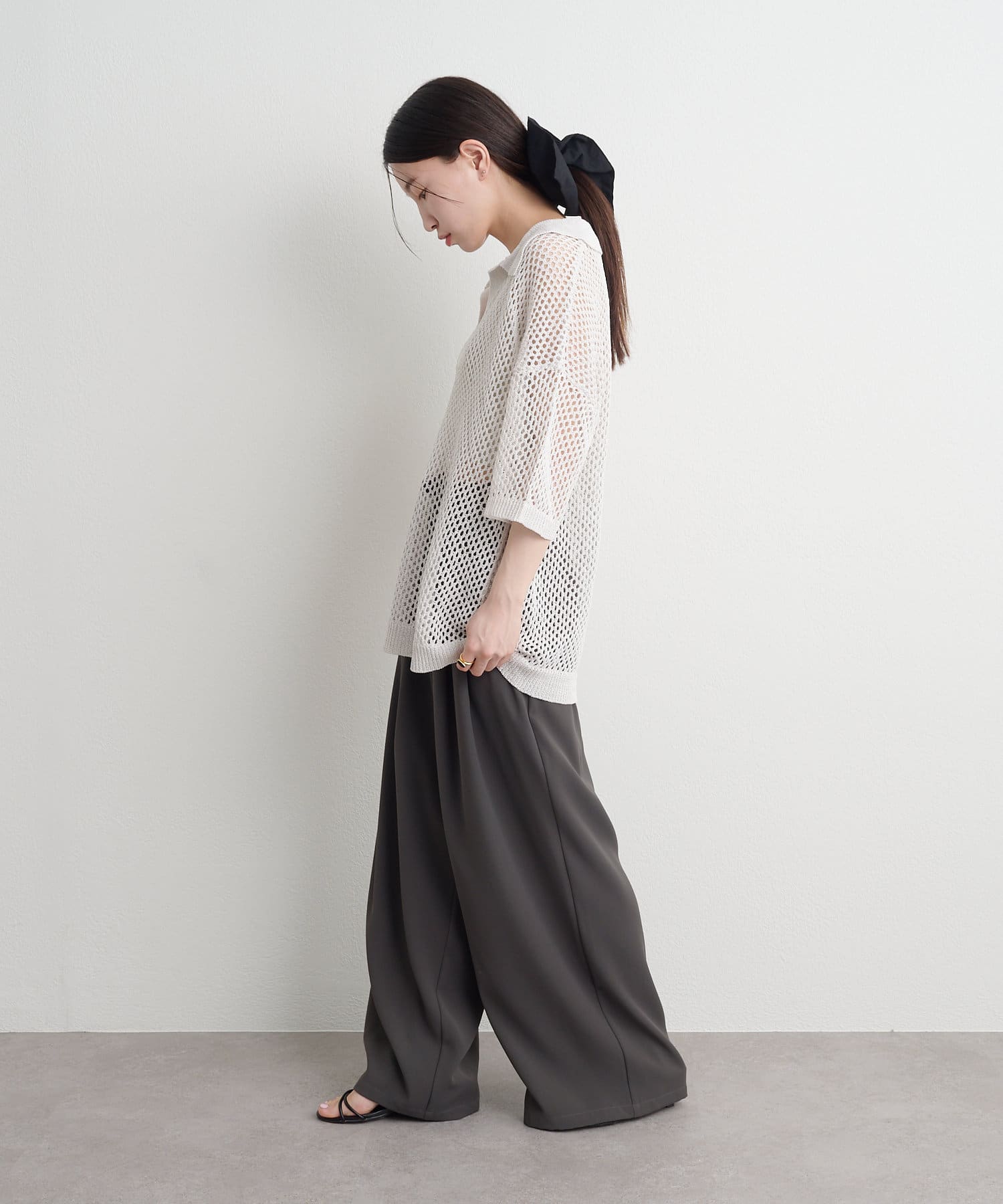 OUTLET(アウトレット) 【Omekashi】襟付きメッシュヘンリーニット