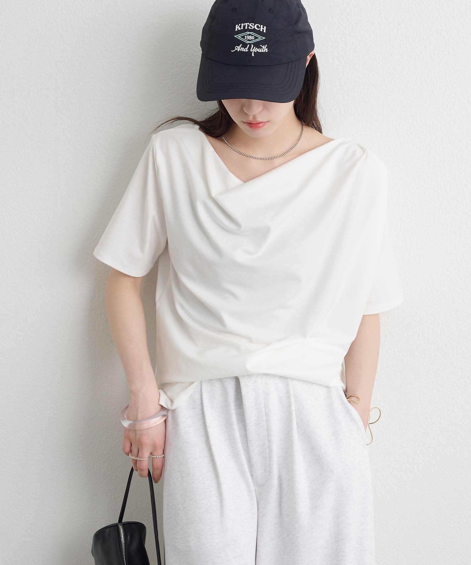 OUTLET(アウトレット) 【Omekashi】ボートネックドレープ半袖Ｔシャツ