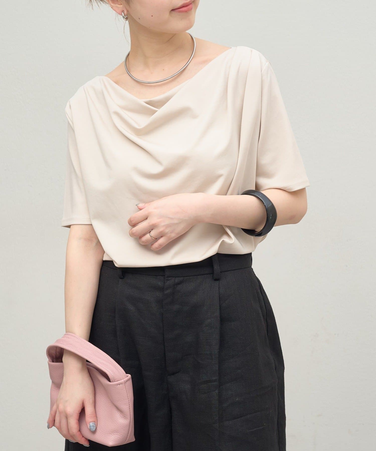 OUTLET(アウトレット) 【Omekashi】ボートネックドレープ半袖Ｔシャツ