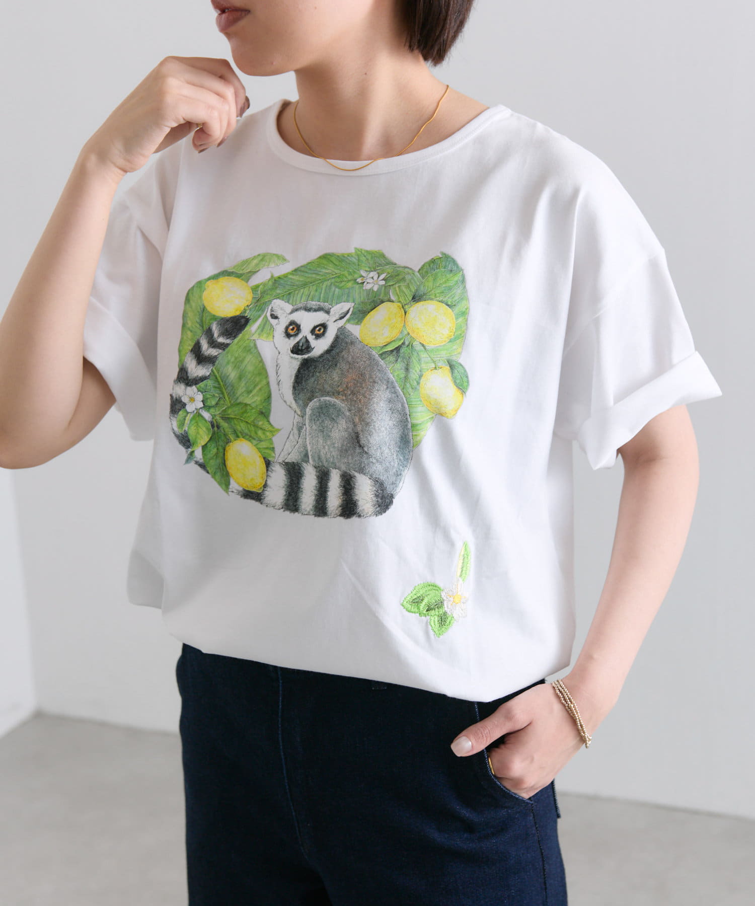 OUTLET(アウトレット) 【ear PAPILLONNER】ワオキツネザル/刺しゅうTシャツ