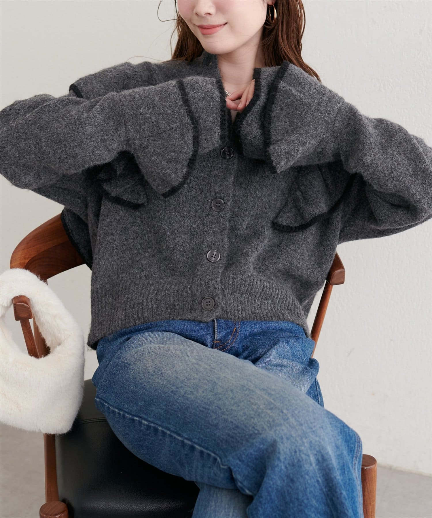 natural couture(ナチュラルクチュール) 配色フリルニットカーディガン