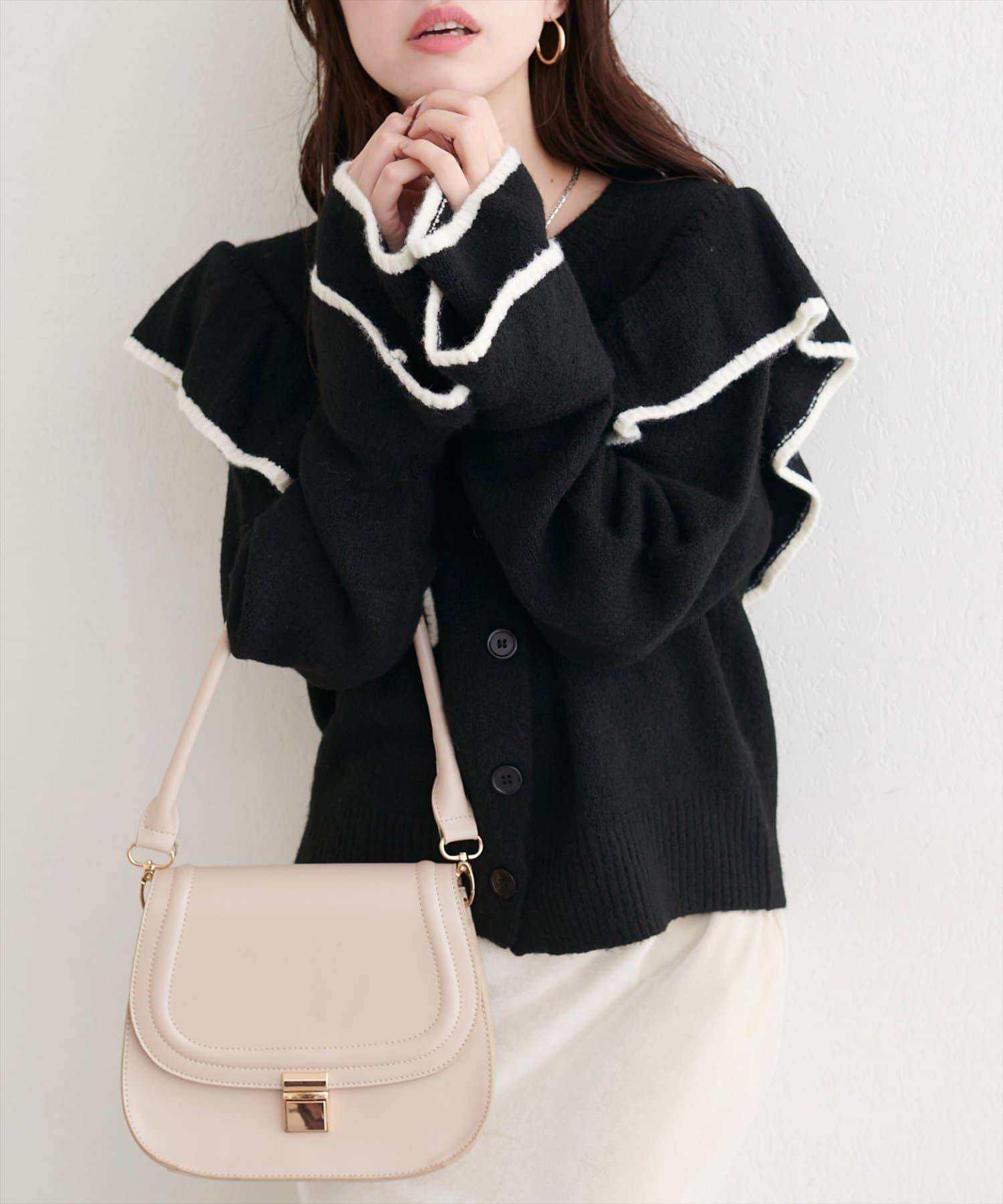 natural couture(ナチュラルクチュール) 配色フリルニットカーディガン