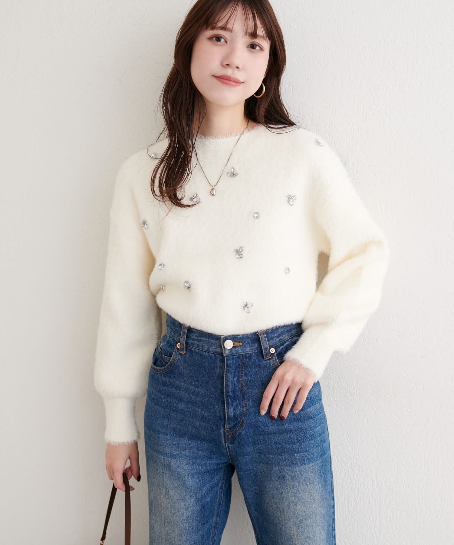 natural couture(ナチュラルクチュール) ふんわりシャギービジューニット