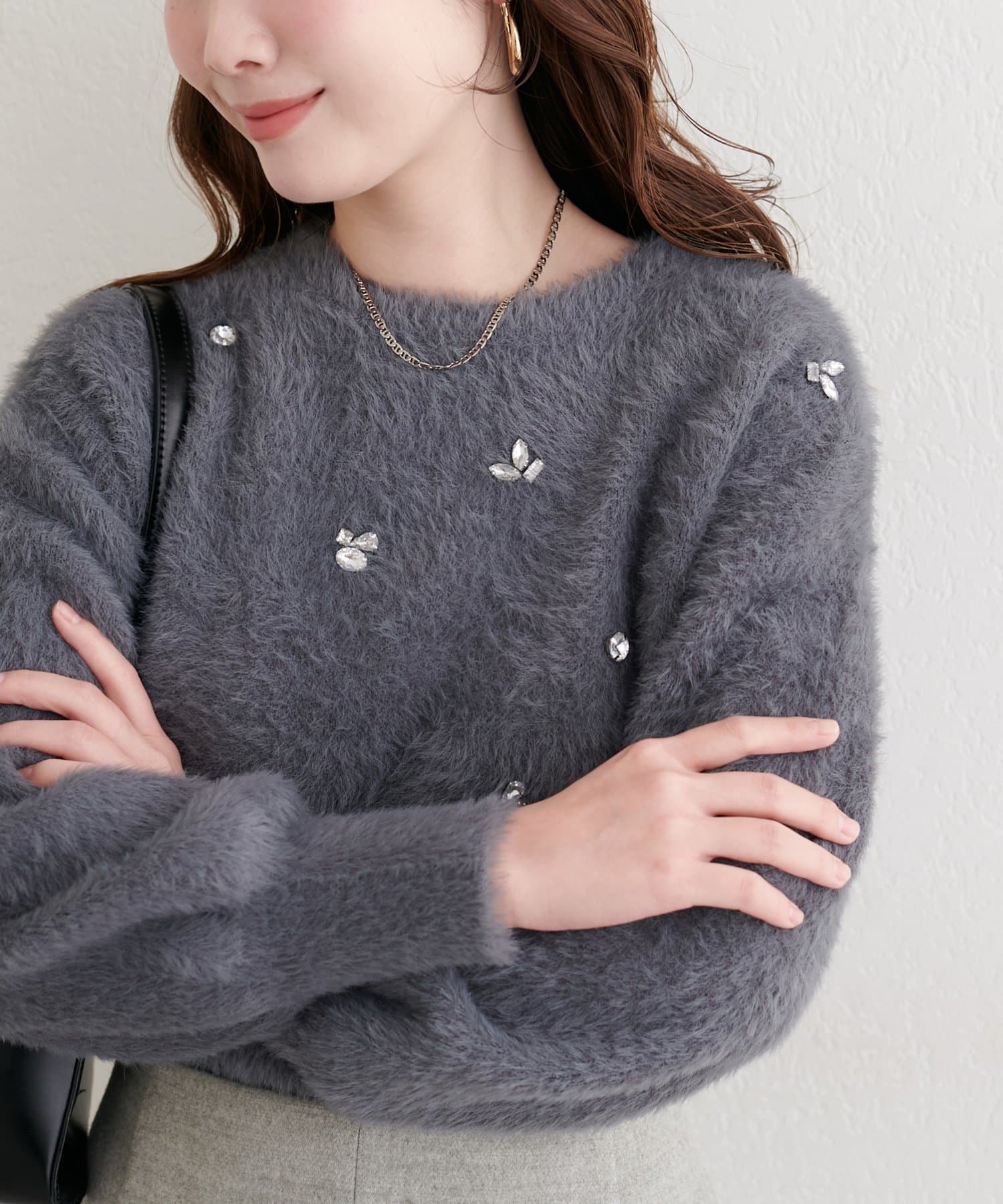 natural couture(ナチュラルクチュール) ふんわりシャギービジューニット