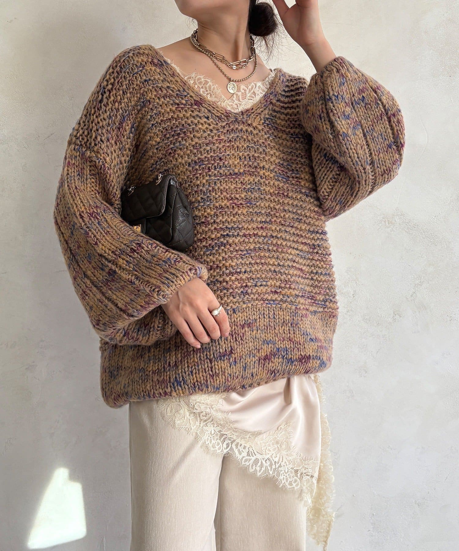 DOUDOU(ドゥドゥ) MIXヤーンVネックプルオーバー