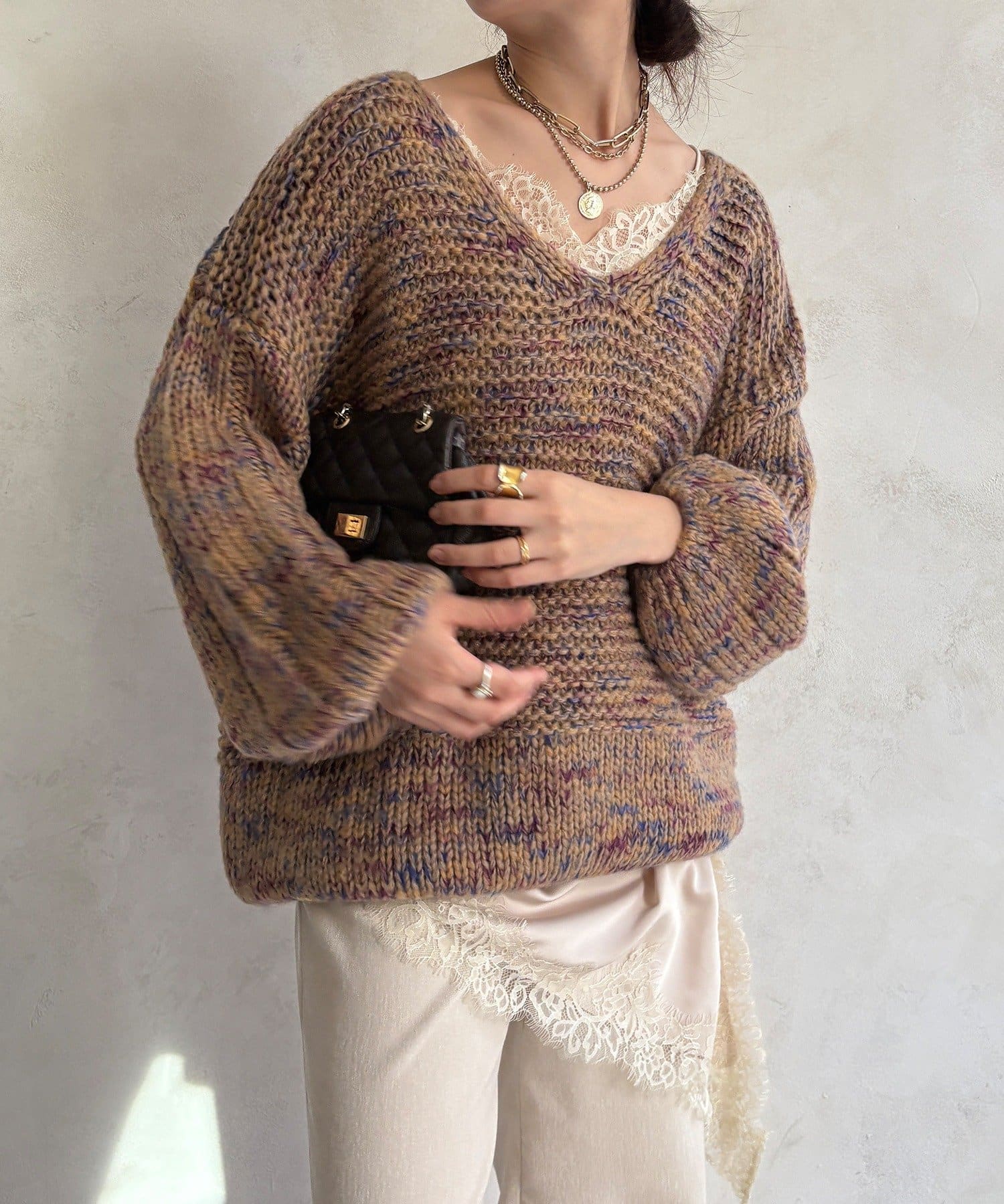 DOUDOU(ドゥドゥ) MIXヤーンVネックプルオーバー