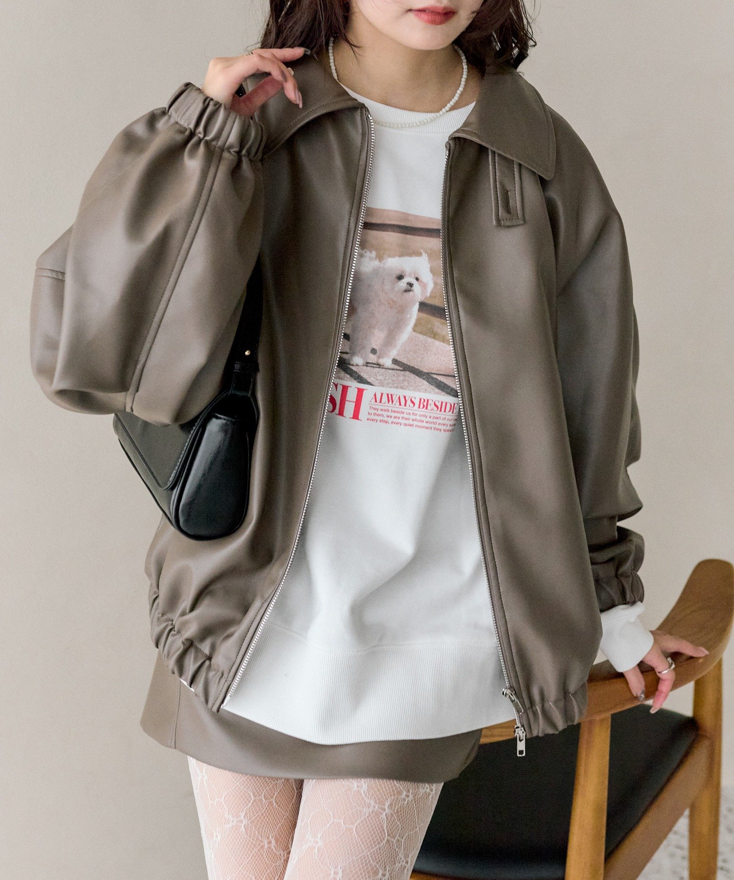 mystic(ミスティック) 【SET UPで着用もおすすめ◎】バルーンスリーブフェイクレザーブルゾン