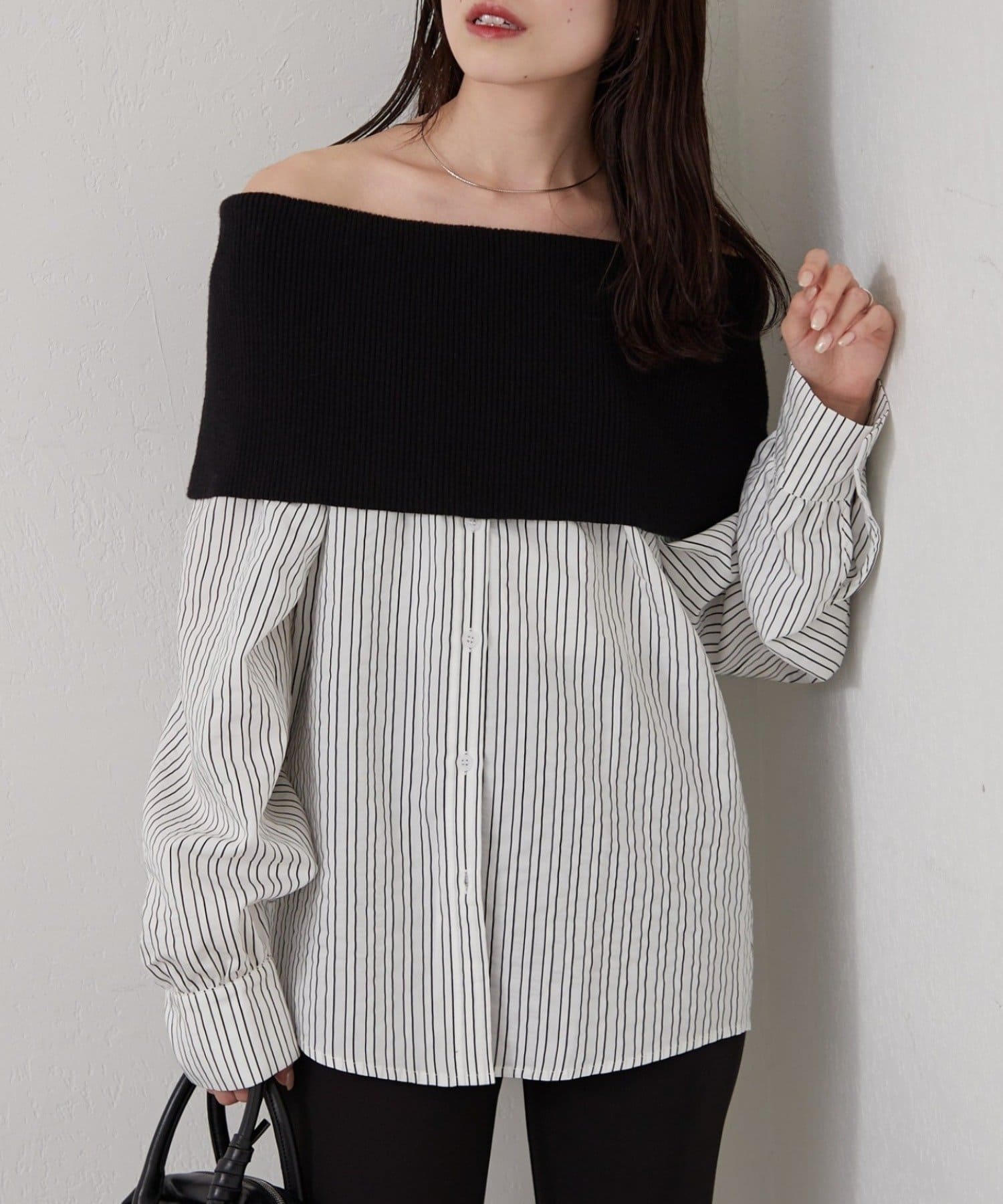 mystic(ミスティック) オフショルリブストライプシャツ