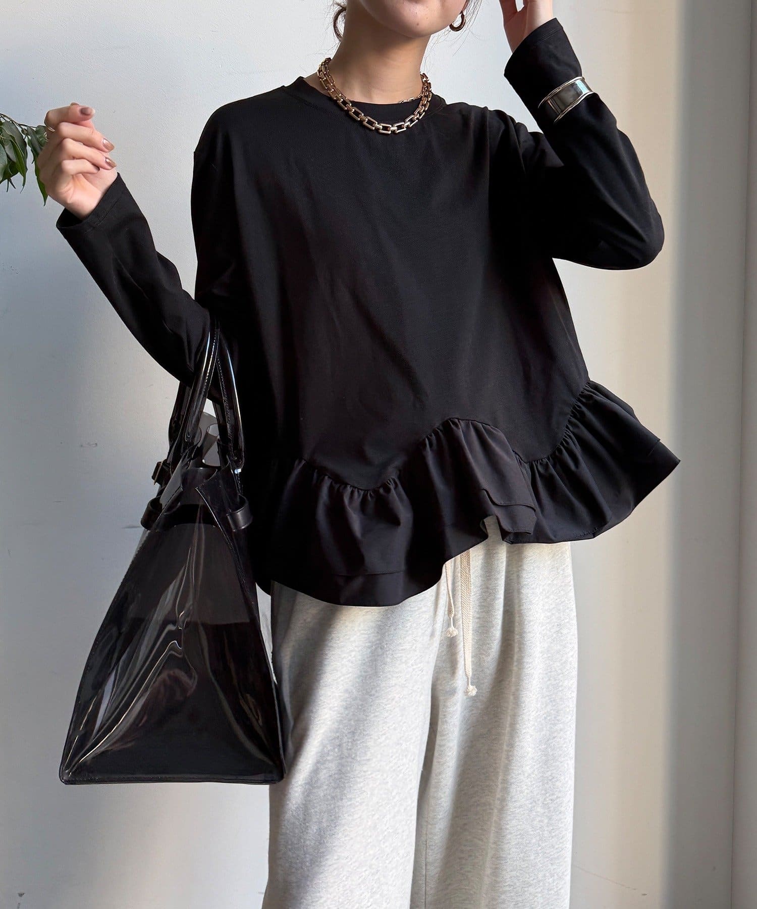 DOUDOU(ドゥドゥ) 裾異素材切替フリルカットソー