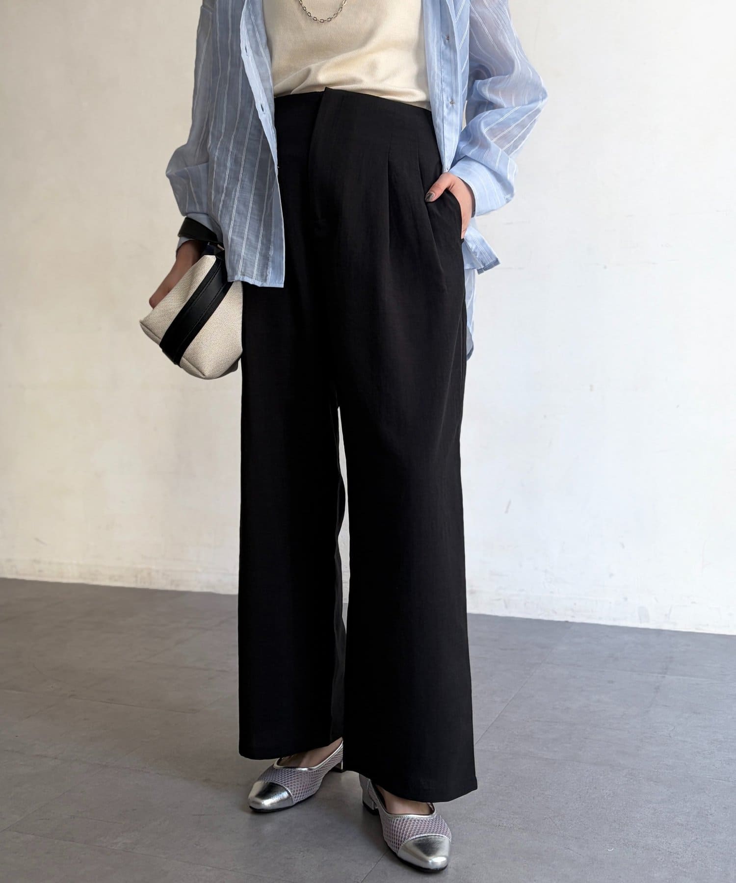 Chez toi(シェトワ) リネンライクベルトレスワイドパンツ