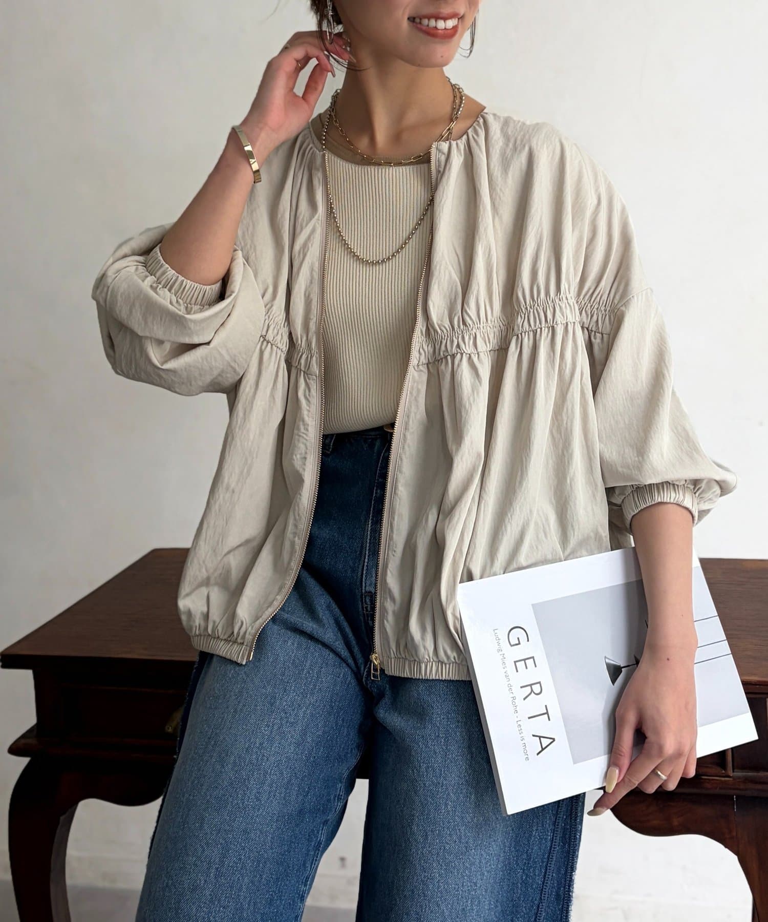 Chez toi(シェトワ) レーヨンナイロンギャザーブルゾン