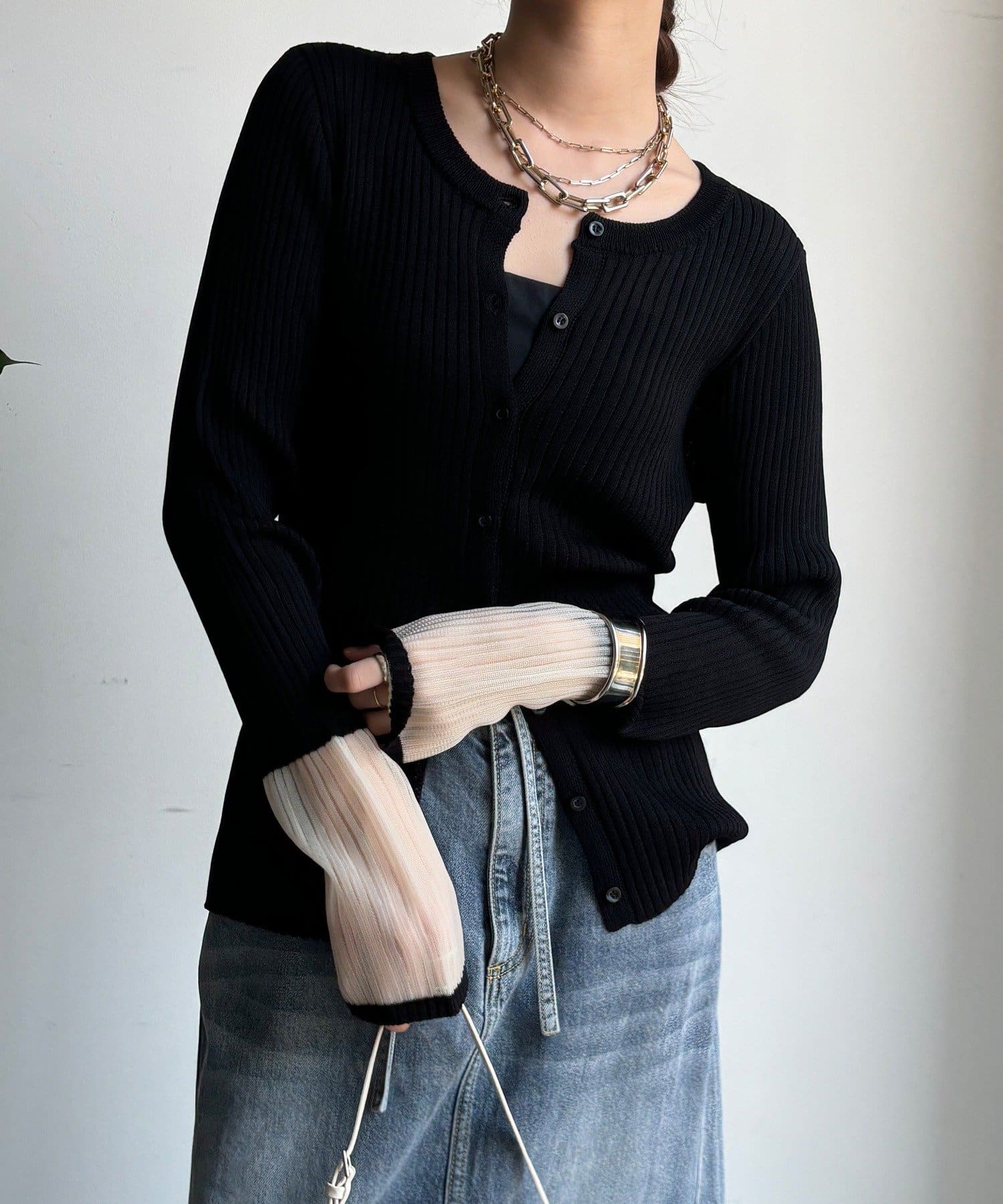 DOUDOU(ドゥドゥ) 【WEB限定】袖シアー切替リブカーディガン