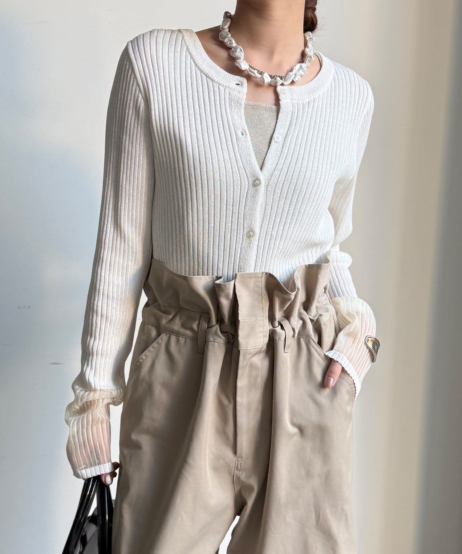 DOUDOU(ドゥドゥ) 【WEB限定】袖シアー切替リブカーディガン