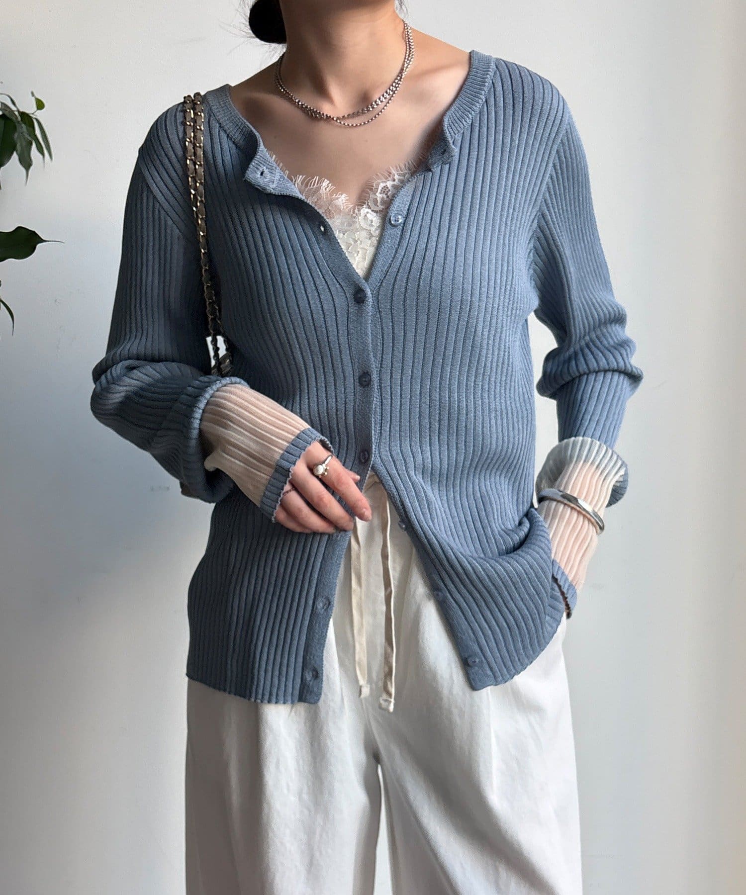 DOUDOU(ドゥドゥ) 【WEB限定】袖シアー切替リブカーディガン