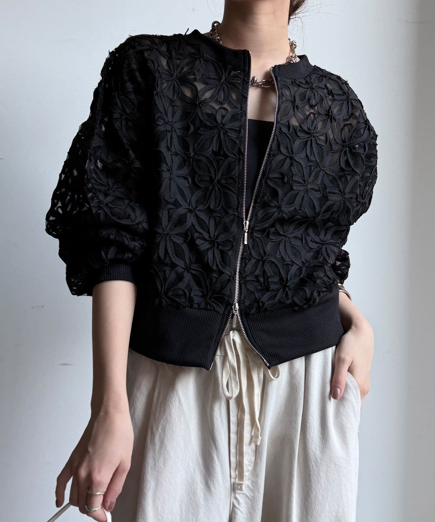 DOUDOU(ドゥドゥ) 【WEB限定】フラワーチュールジップブルゾン