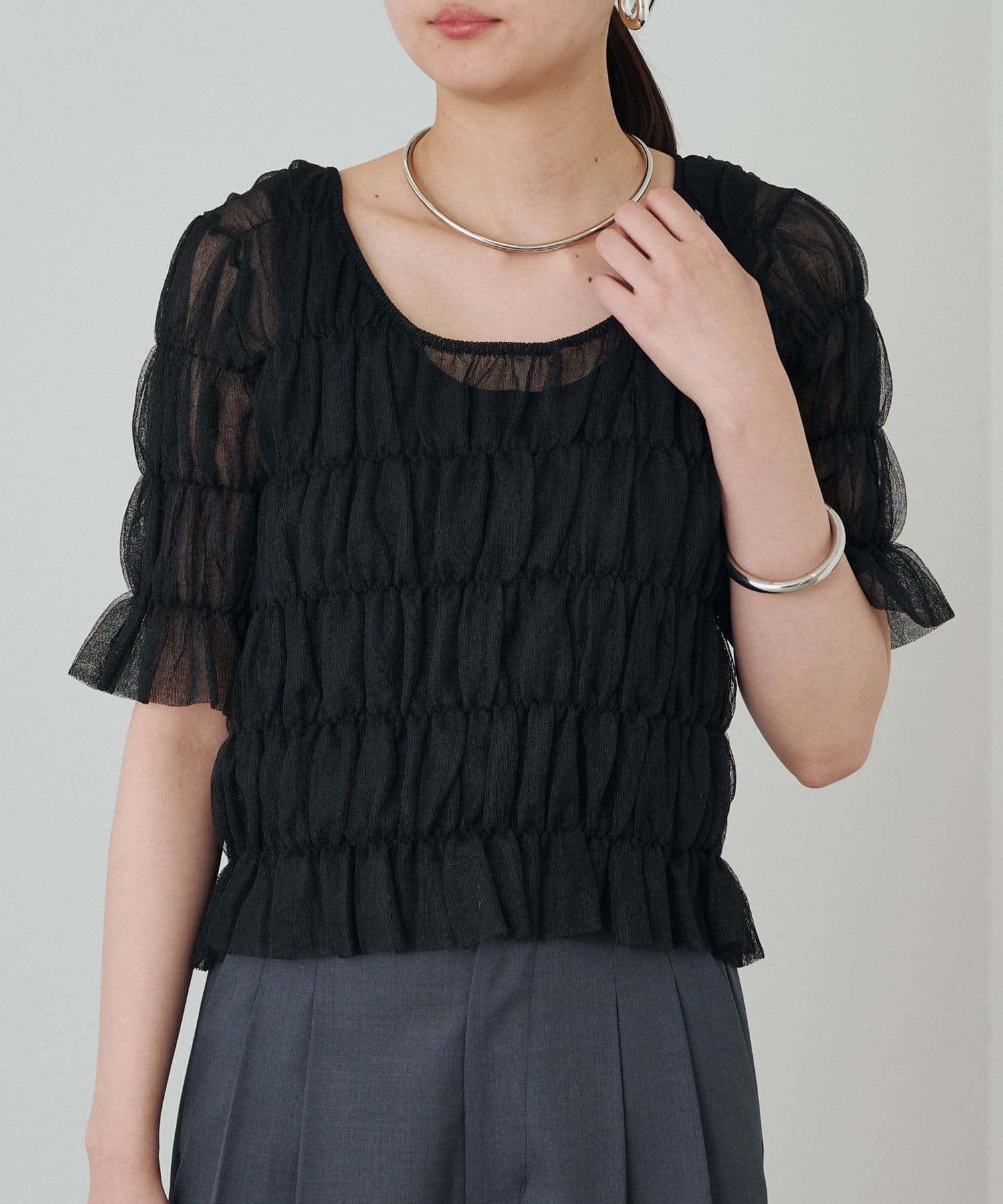 OUTLET(アウトレット) 【Loungedress】シャーリングニットブラウス