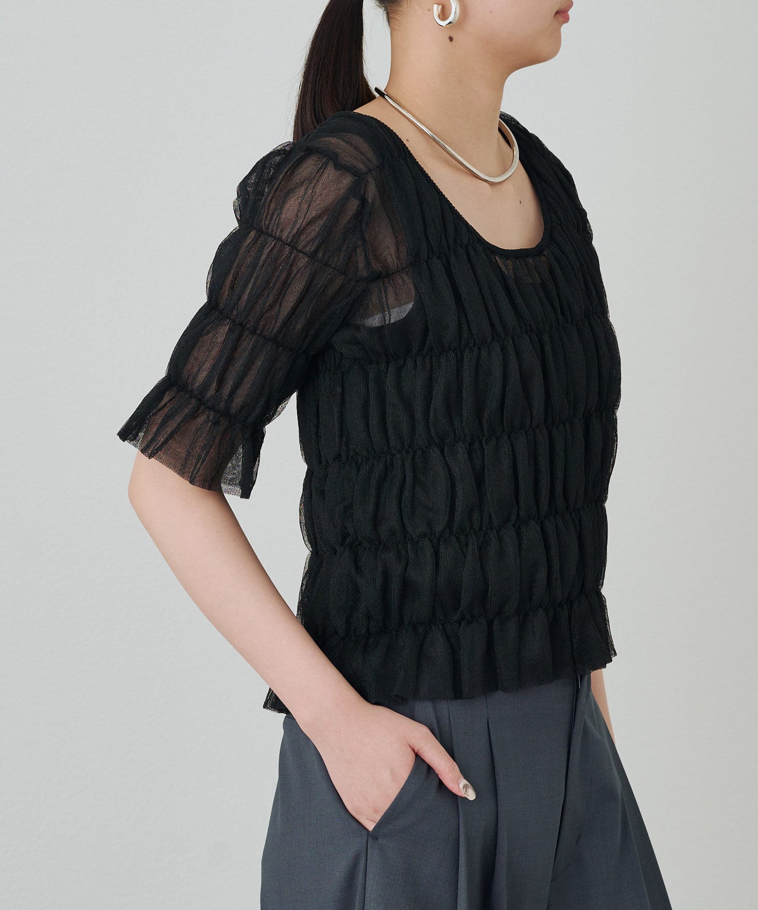 OUTLET(アウトレット) 【Loungedress】シャーリングニットブラウス