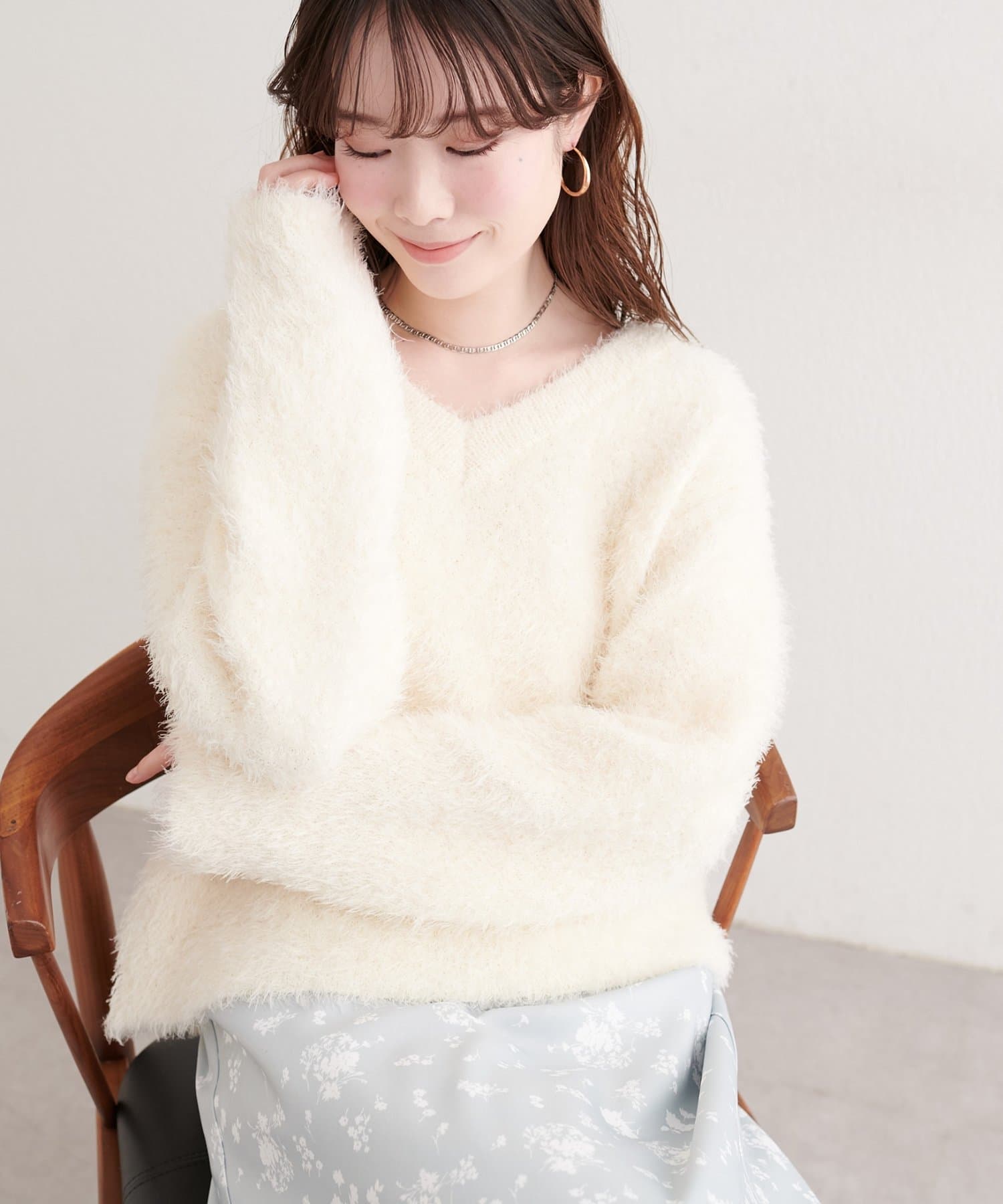 natural couture(ナチュラルクチュール) 【Mychoiceset対象】Vネックシャギーニットプルオーバー