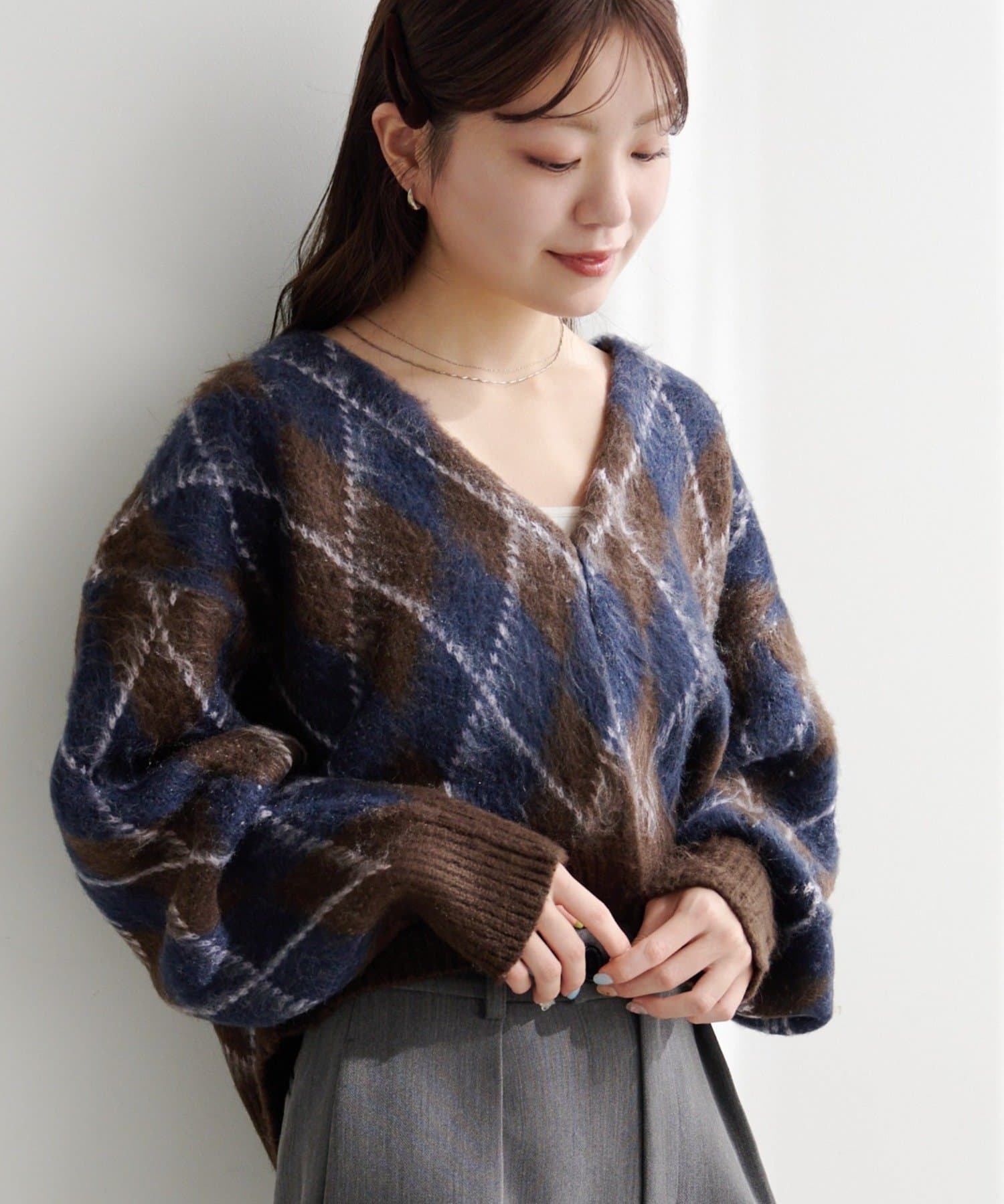 Kastane(カスタネ) 【WEB先行】アーガイル起毛ニットカーディガン